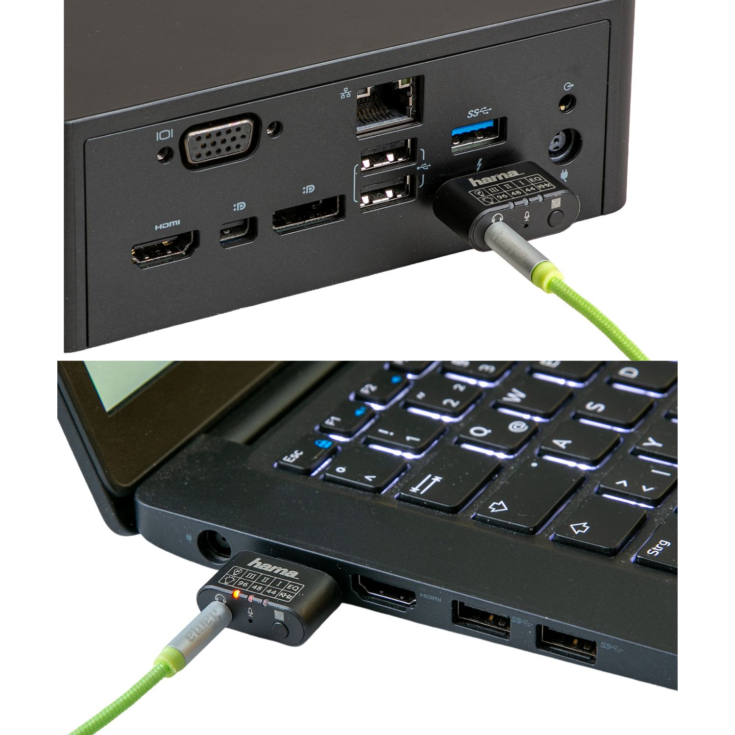 Ein Hama-Adapter wird an einen Computer und ein Laptop angeschlossen.