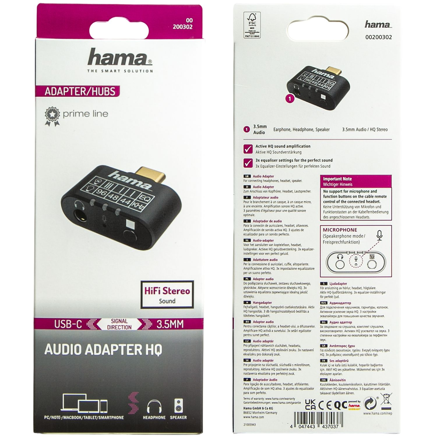 Hama Audio Adapter: USB-C zu 3,5mm Klinke, HQ Stereo, EQ-Einstellungen.