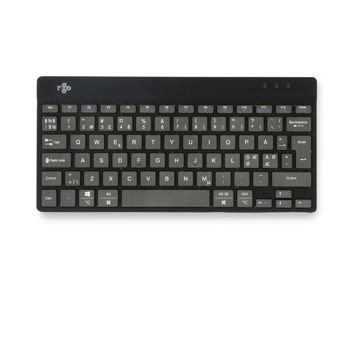 Una tastiera nera con layout QWERTZ su sfondo bianco.