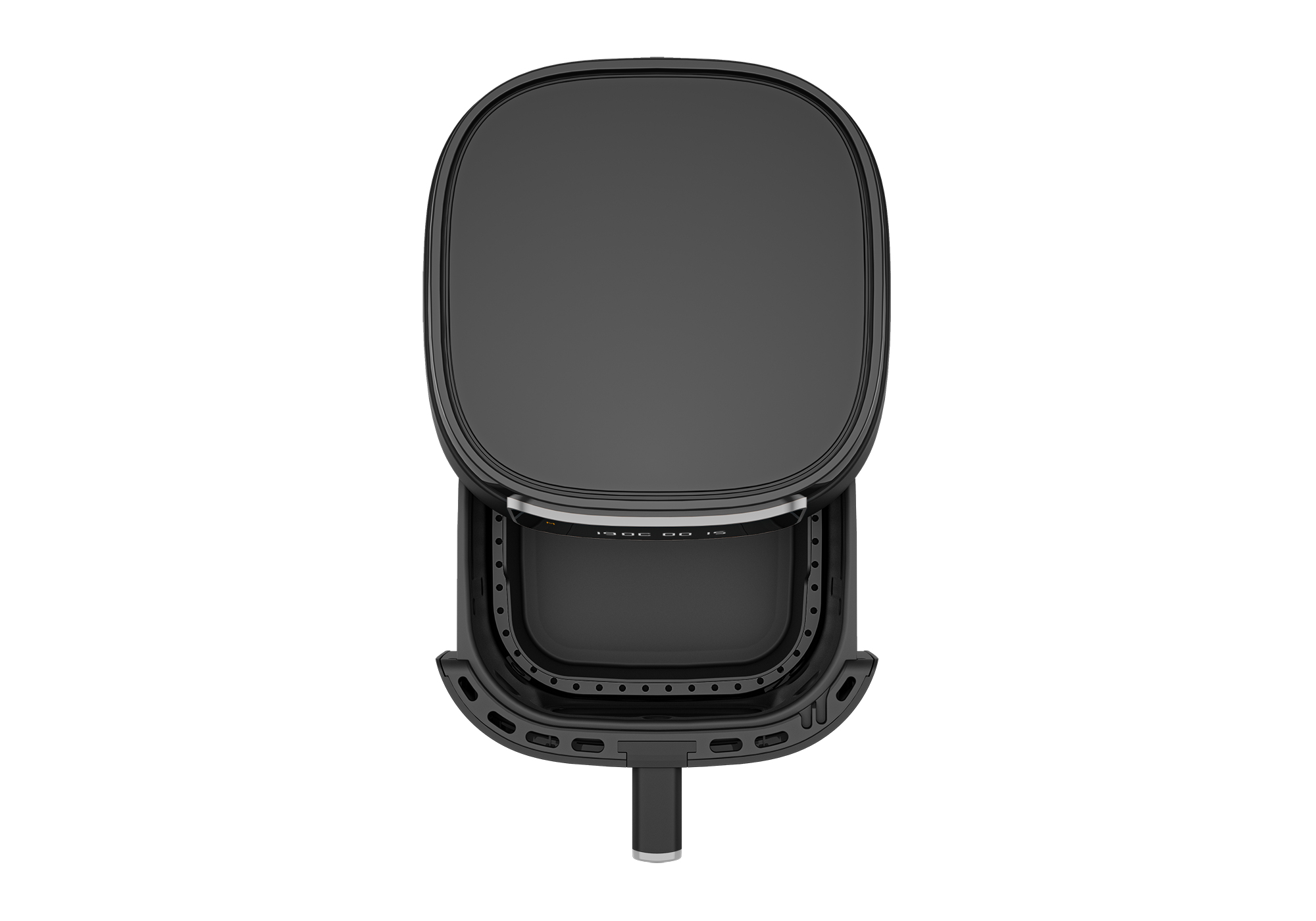 Czarna frytkownica beztłuszczowa z otwartą pokrywą, widok z góry.