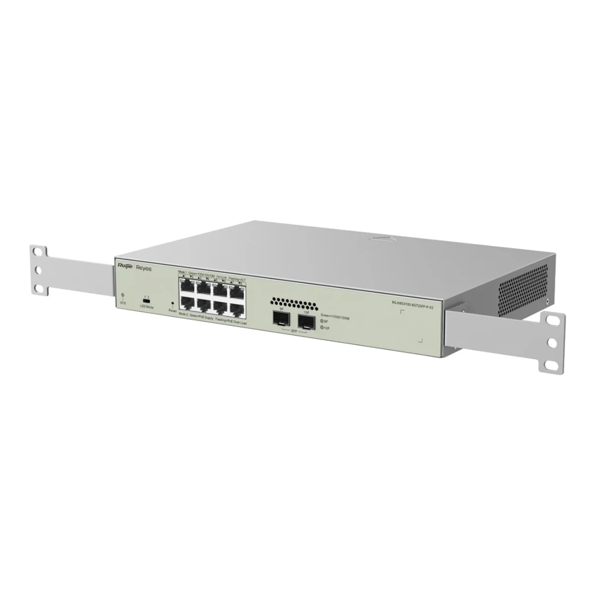 Un switch de red plateado con orejas de rack, ocho puertos y dos ranuras SFP.