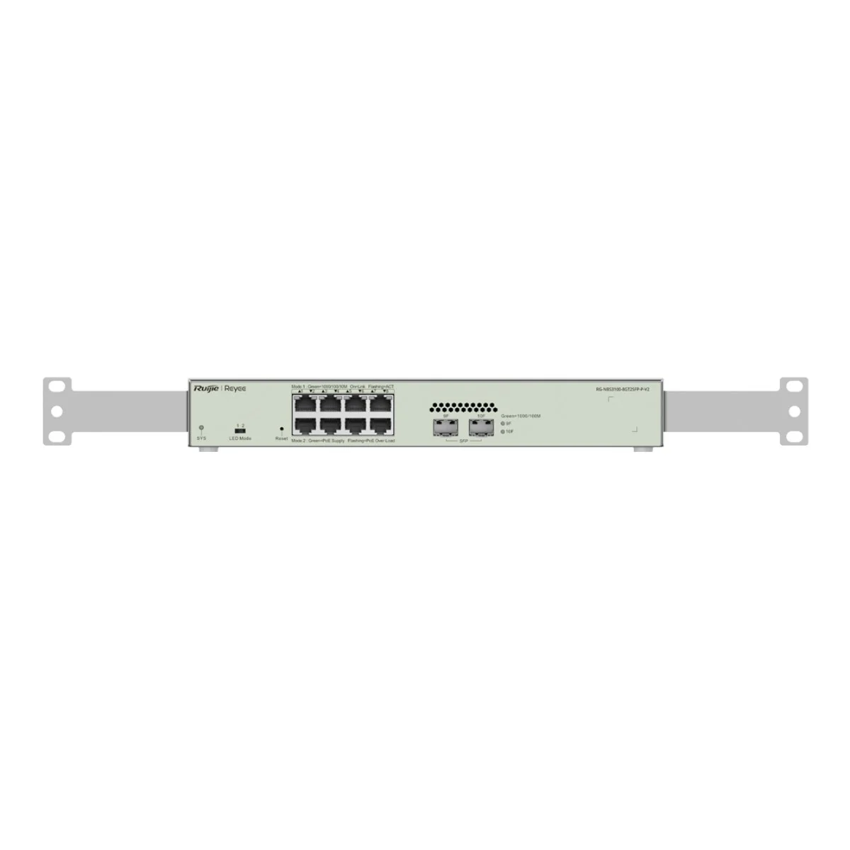 Un dispositivo de switch de red gris con 8 puertos Ethernet y 2 puertos SFP.
