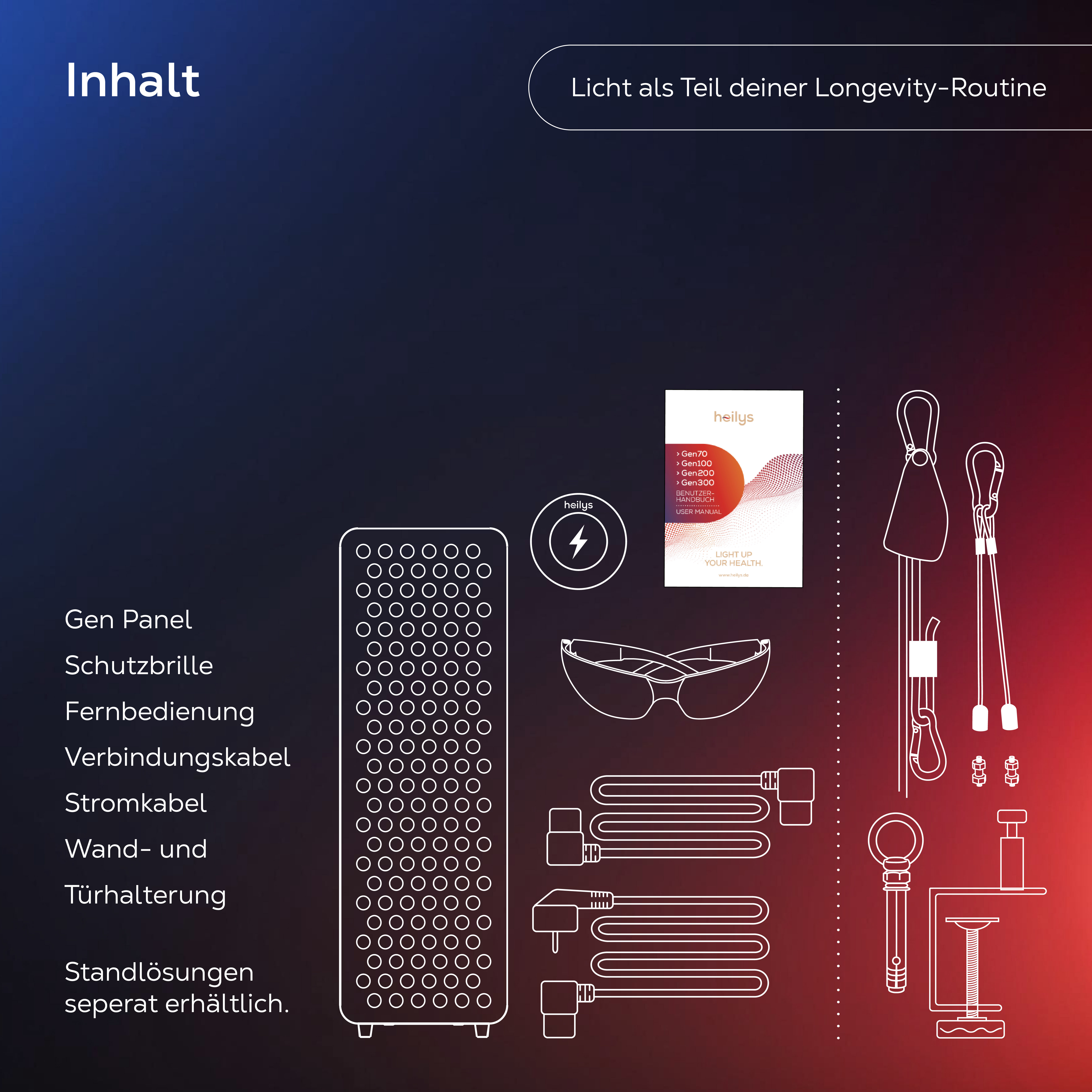 Übersicht von Geräten und Zubehörteilen für Lichttherapie