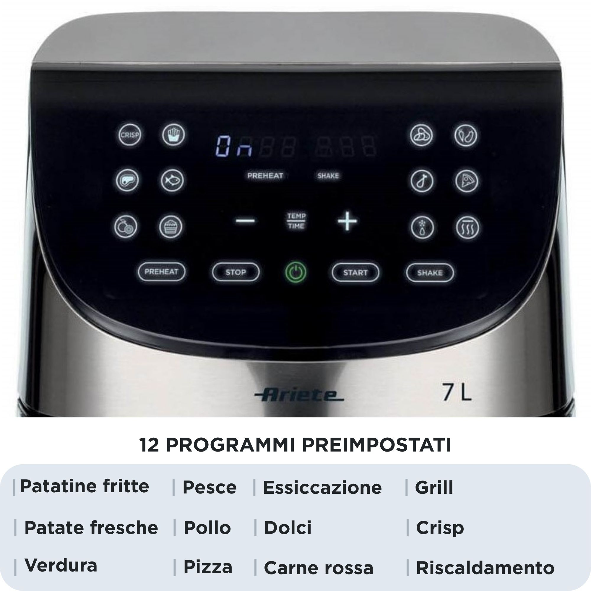 Close-up van een digitaal bedieningspaneel van een airfryer met iconen en tekst.