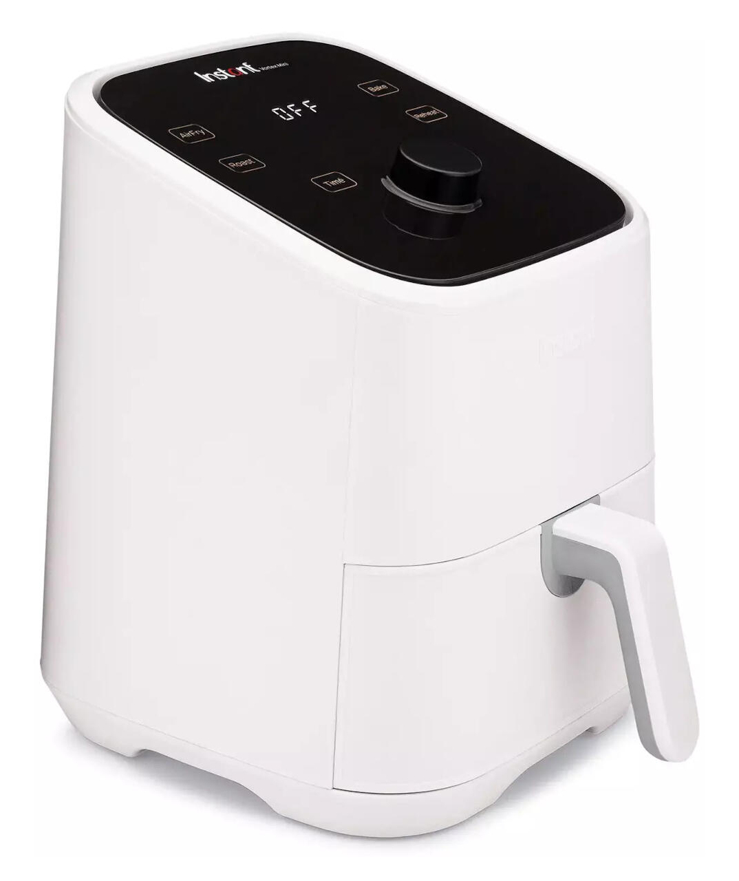 Una friggitrice ad aria Instant Pot bianca con pannello di controllo nero e manico argento.