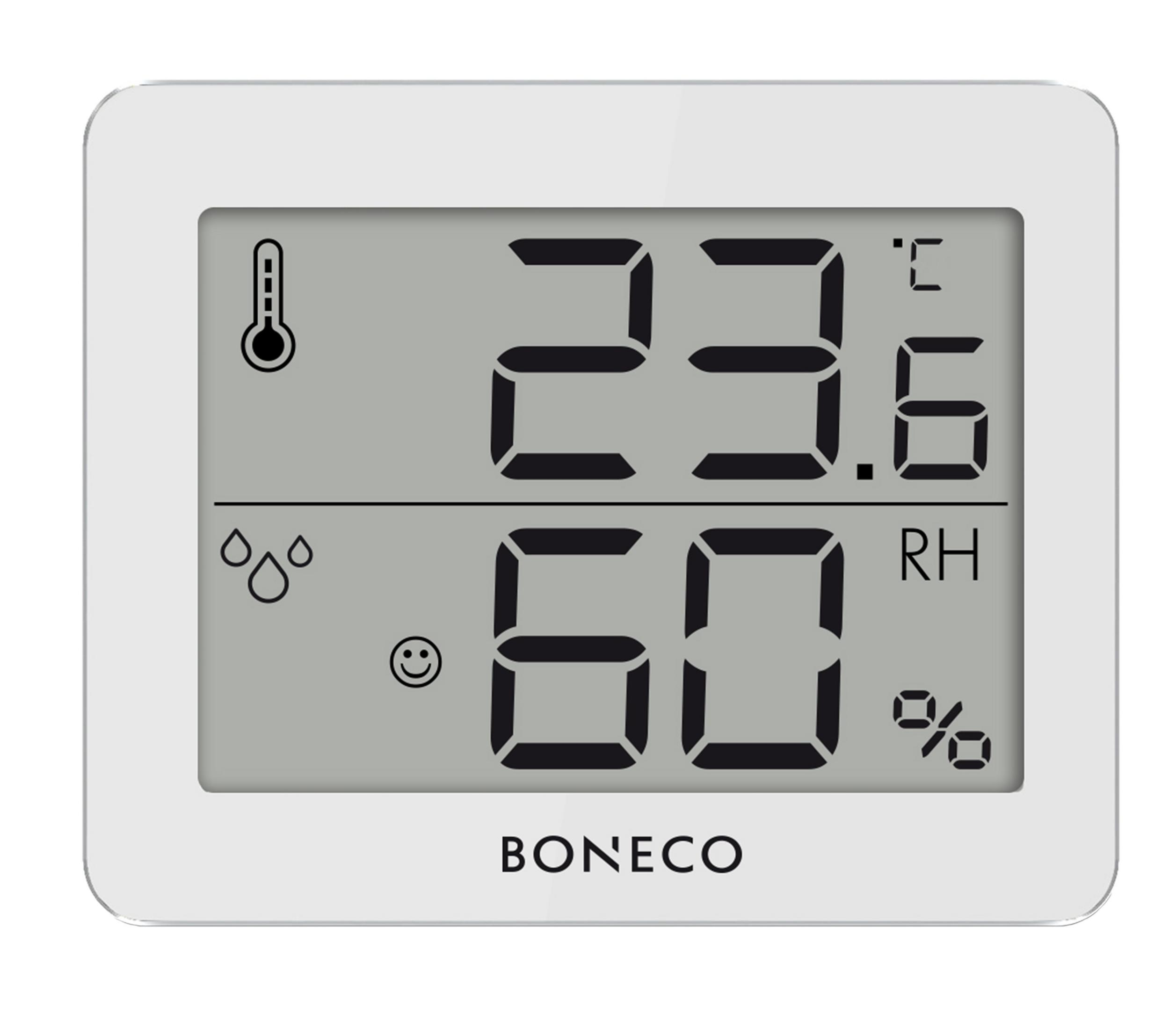 Ein digitales Hygrometer zeigt 23,6 Grad Celsius und 60% Luftfeuchtigkeit an.