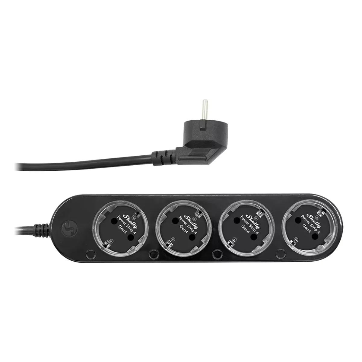 Czarna listwa zasilająca Shelly Power Strip 4 Gen4 z wtyczką euro i czterema gniazdami.