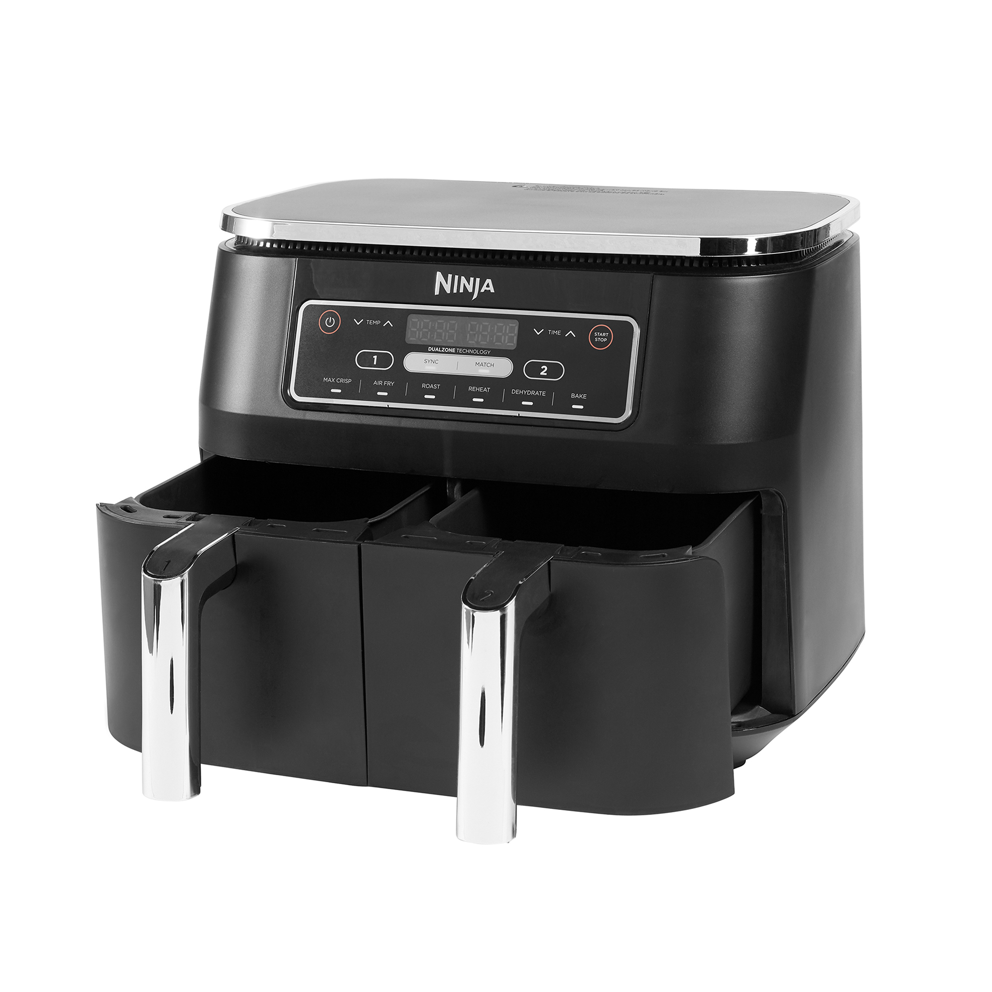 Schwarzer Ninja Air Fryer mit zwei Schubladen und digitaler Anzeige, auf weißem Hintergrund.