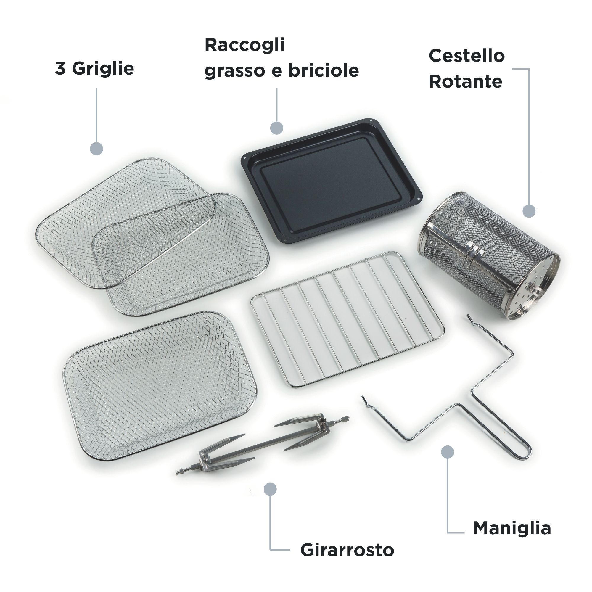 Akcesoria do frytkownicy beztłuszczowej: kosze, ruszt, tacka, rożen i uchwyt.
