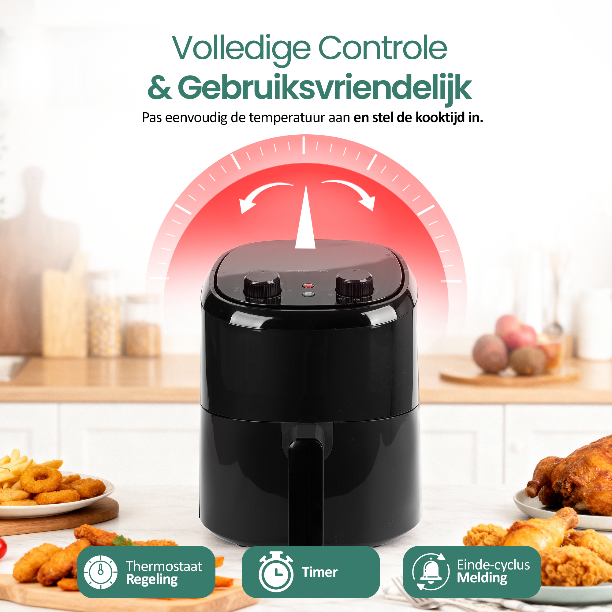 Czarna frytkownica beztłuszczowa z jedzeniem i polami tekstowymi do kontroli temp.