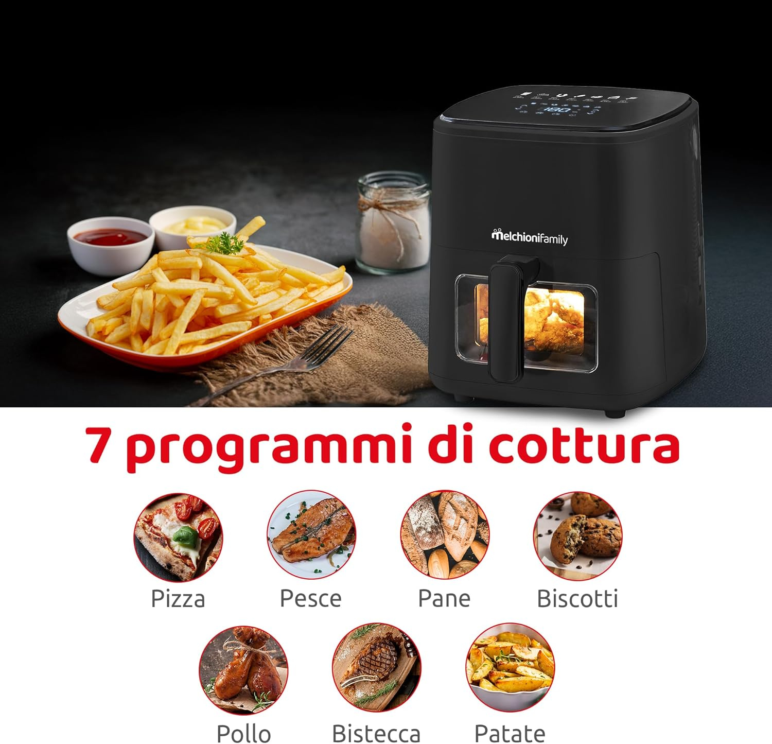 Freidora de aire negra con patatas fritas, salsas e iconos.