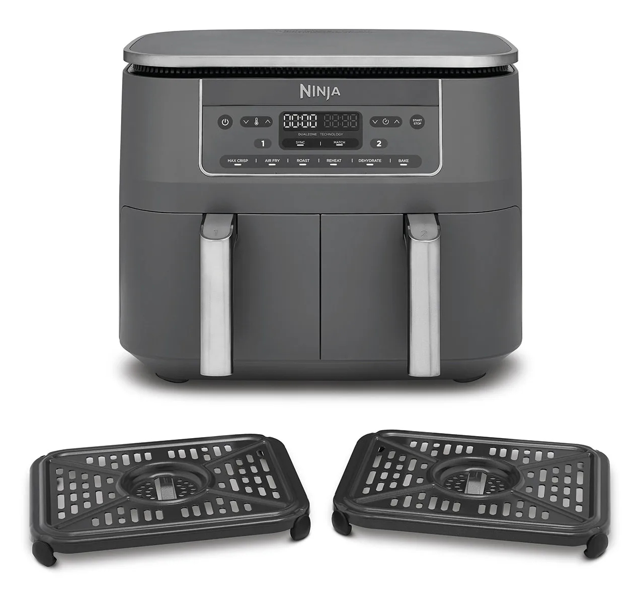 Friggitrice ad aria Ninja grigia a doppio cestello con display digitale.