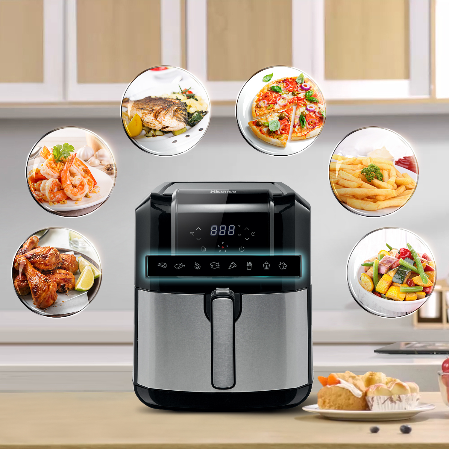 A Hisense air fryer is shown with various foods like shrimp, fish, pizza, fries, chicken, vegetables, and cake.