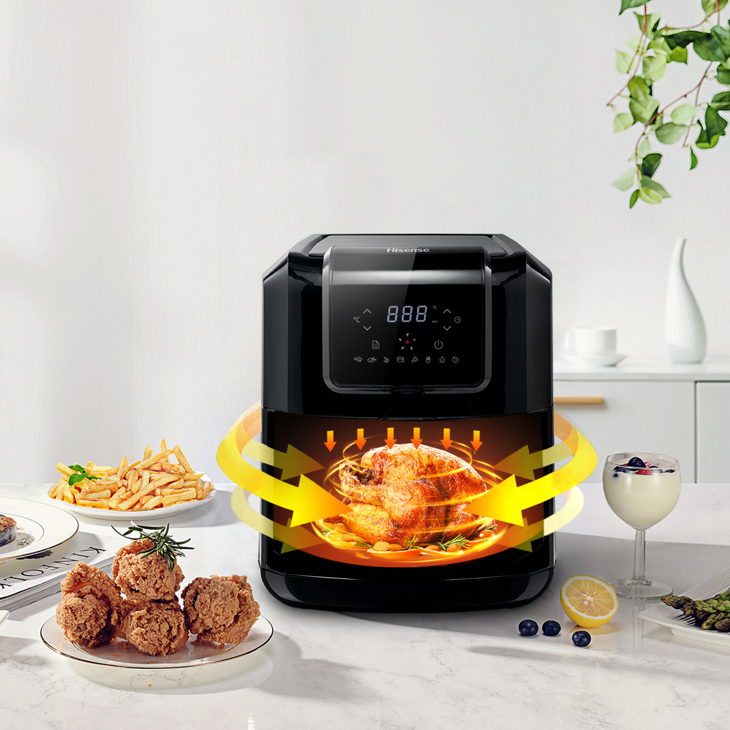 Black air fryer with cooked chicken, fries, fried chicken, and a yogurt parfait.