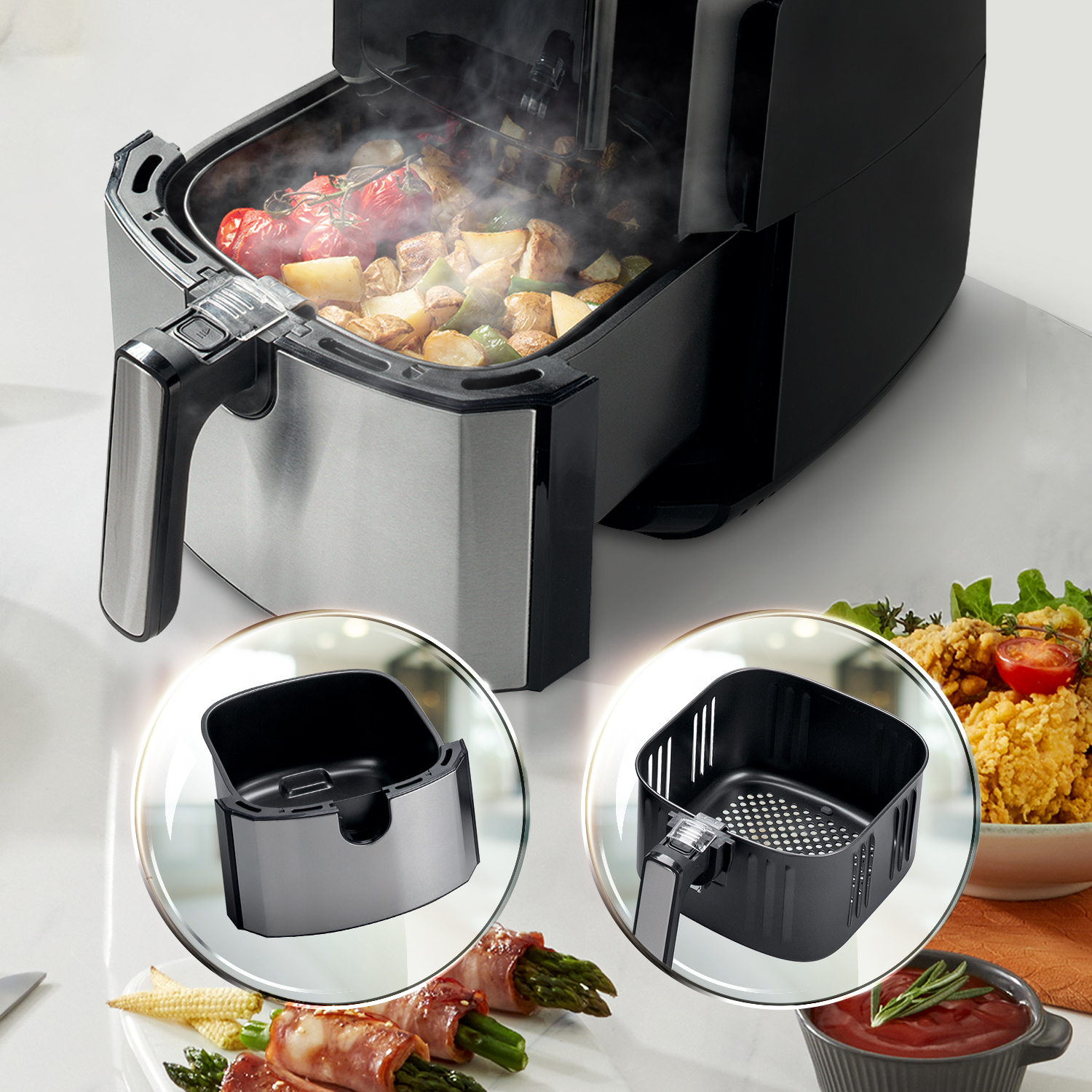 Steam rises from an air fryer with vegetables and meat. Two inserts are shown.