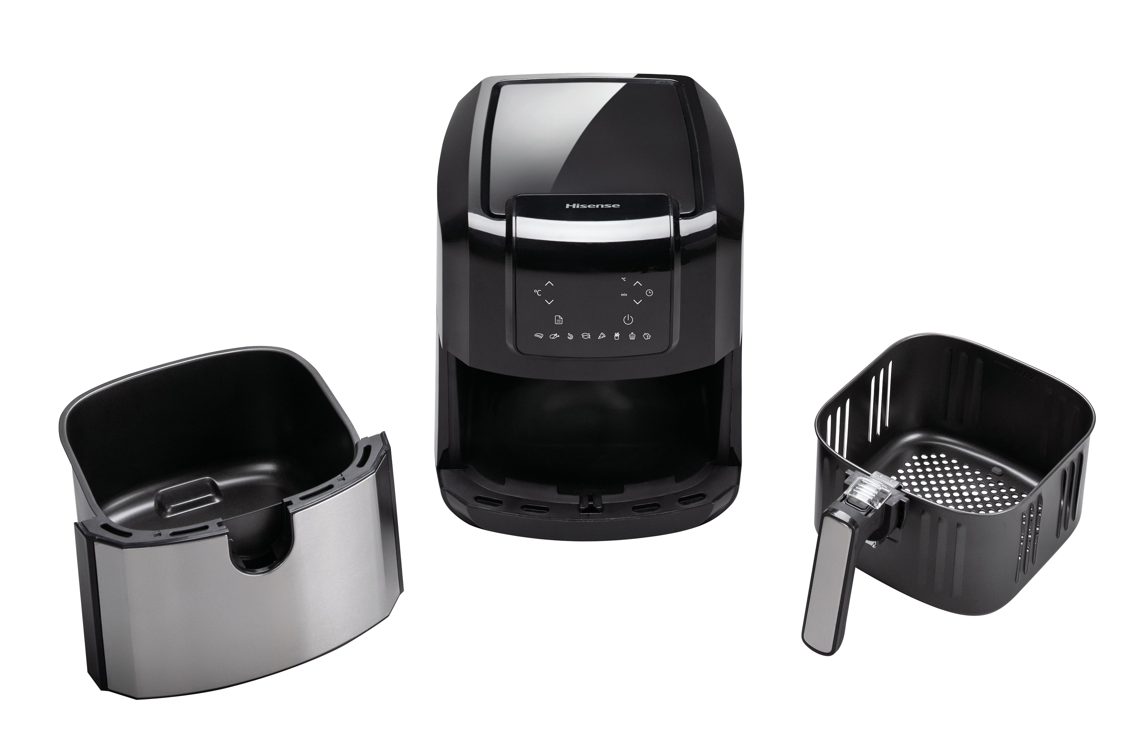 A black Hisense air fryer set with its drawer and basket removed.