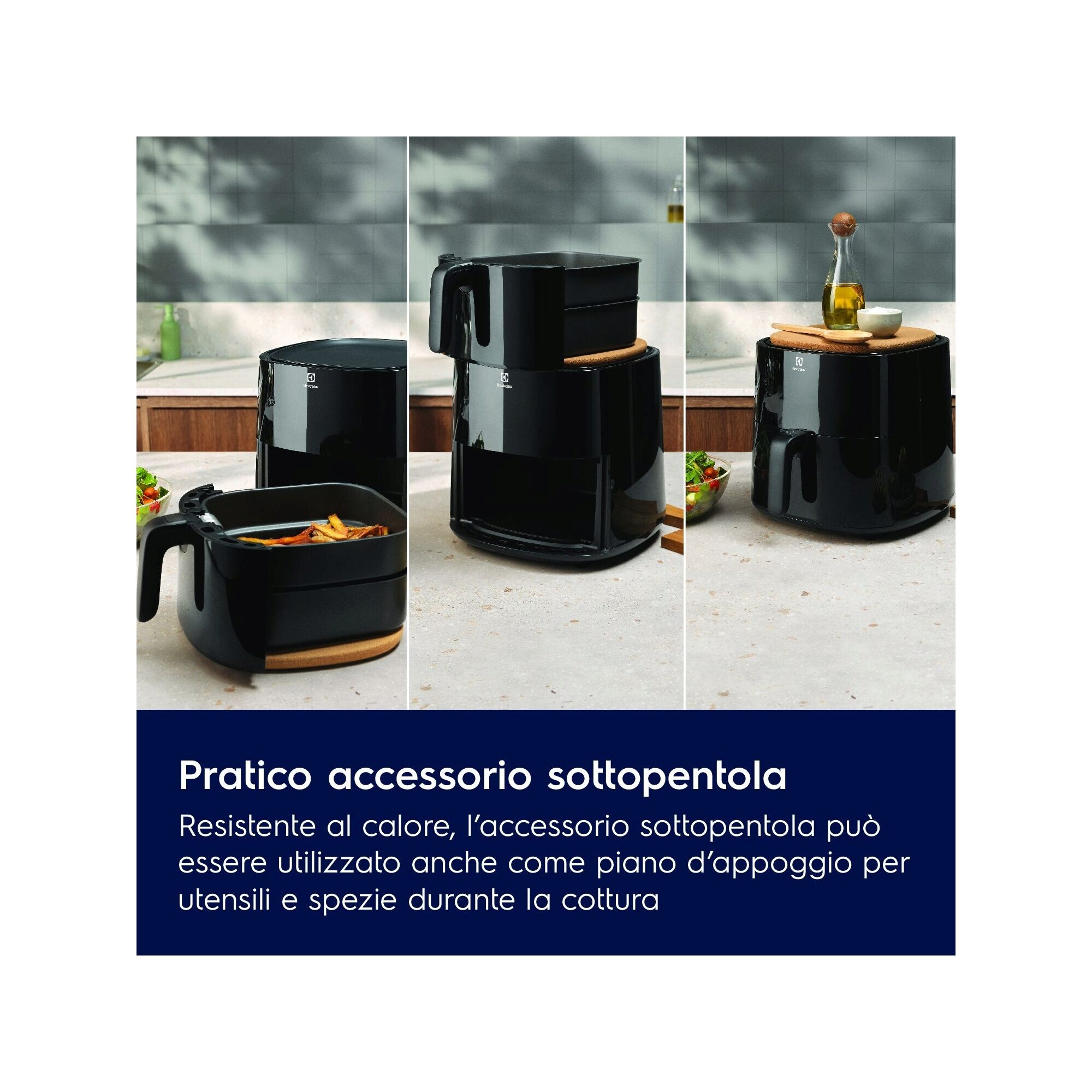 Trzy widoki czarnego akcesorium do frytkownicy beztłuszczowej na stole.