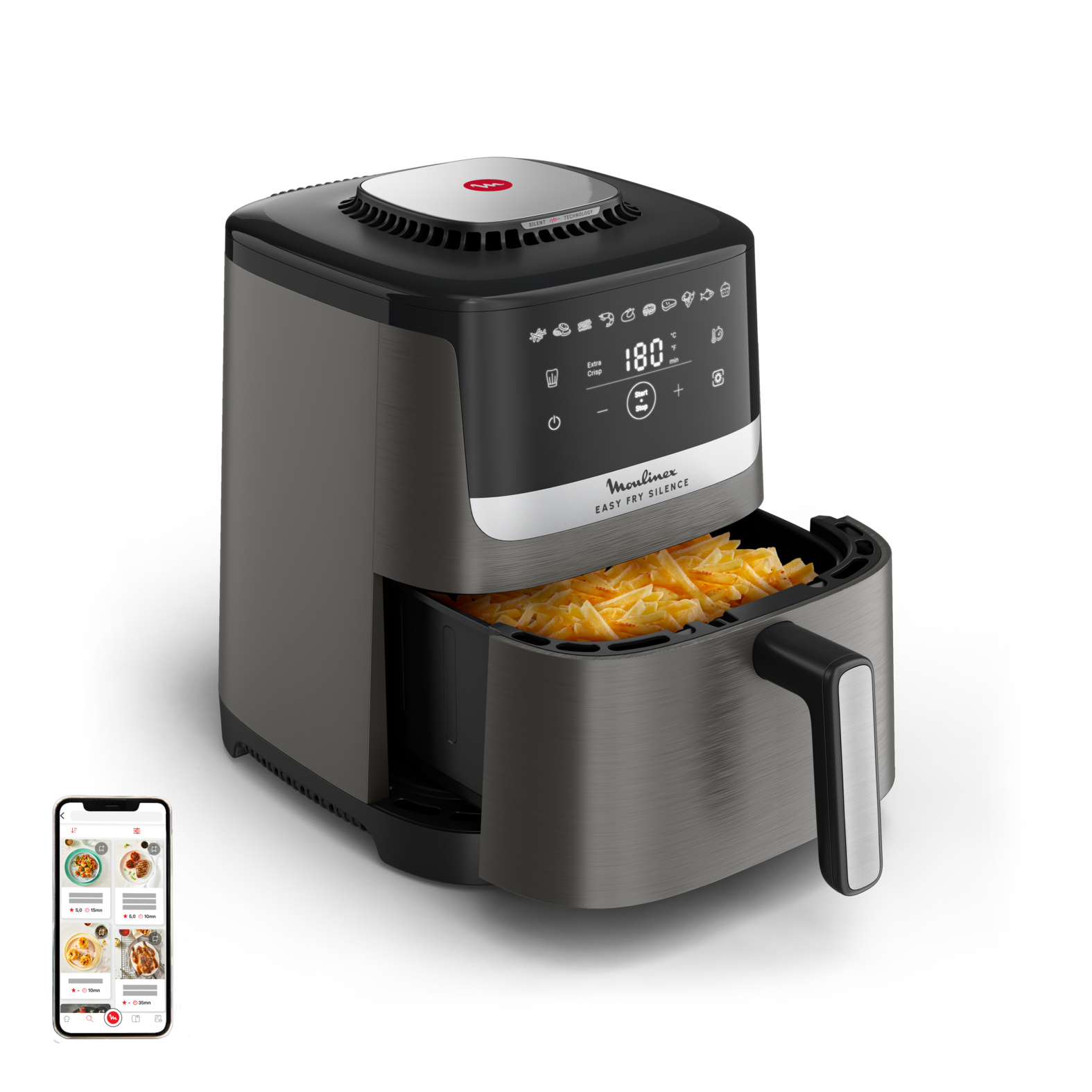 Una freidora de aire gris con una cesta de patatas fritas y un teléfono inteligente al lado.