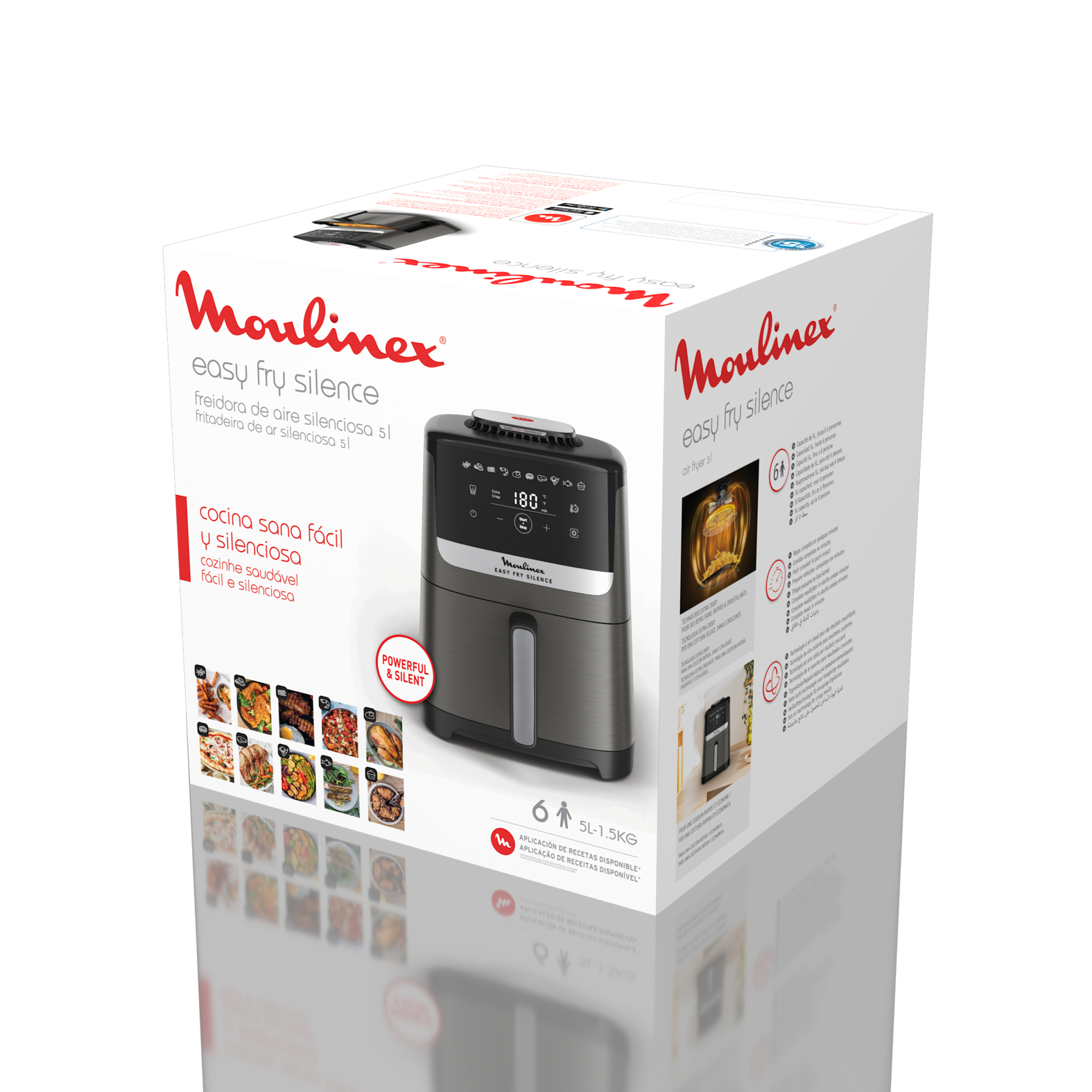 Freidora Moulinex Easy Fry Silence en caja, con imágenes de comida.