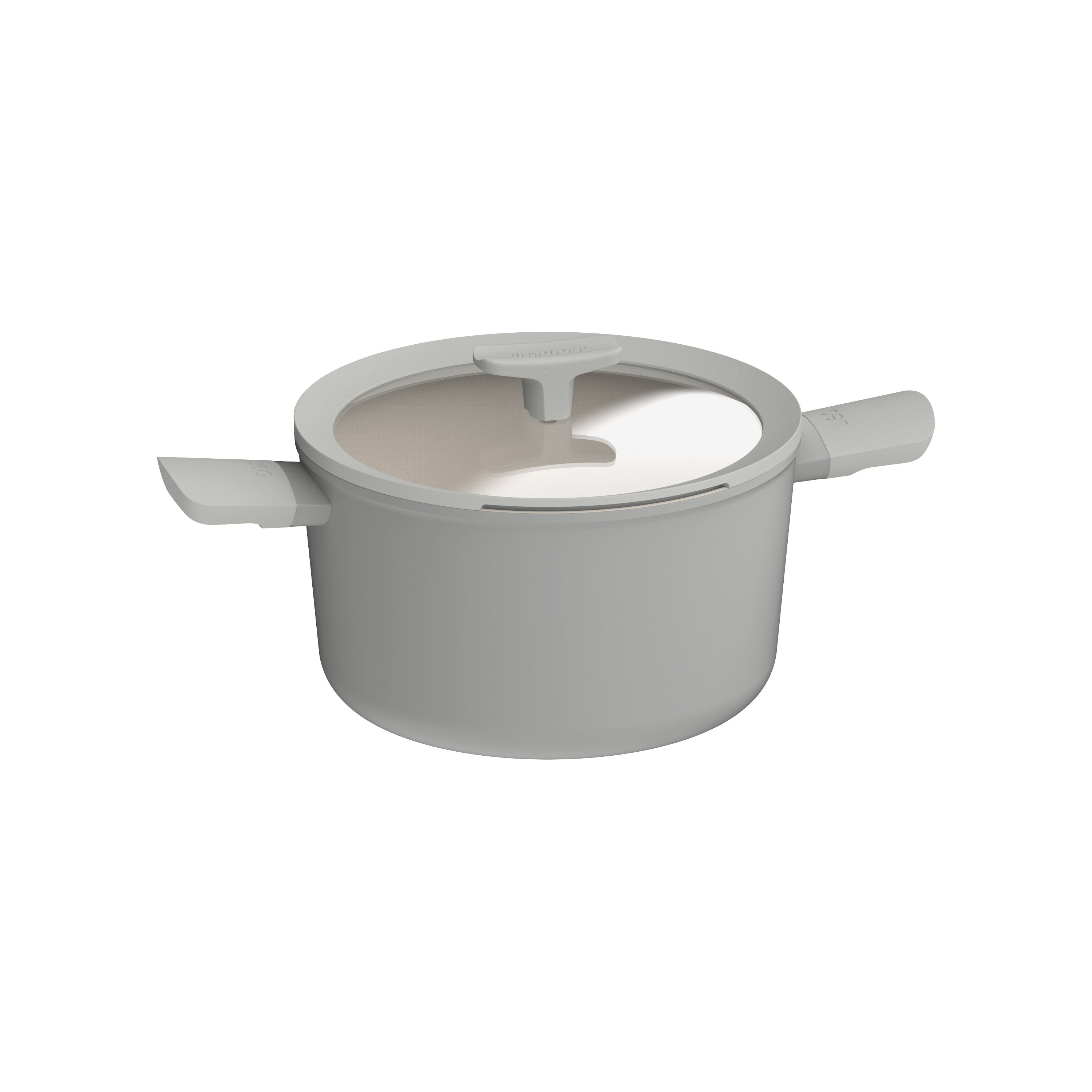 Grijze pan met glazen deksel en twee handvatten.