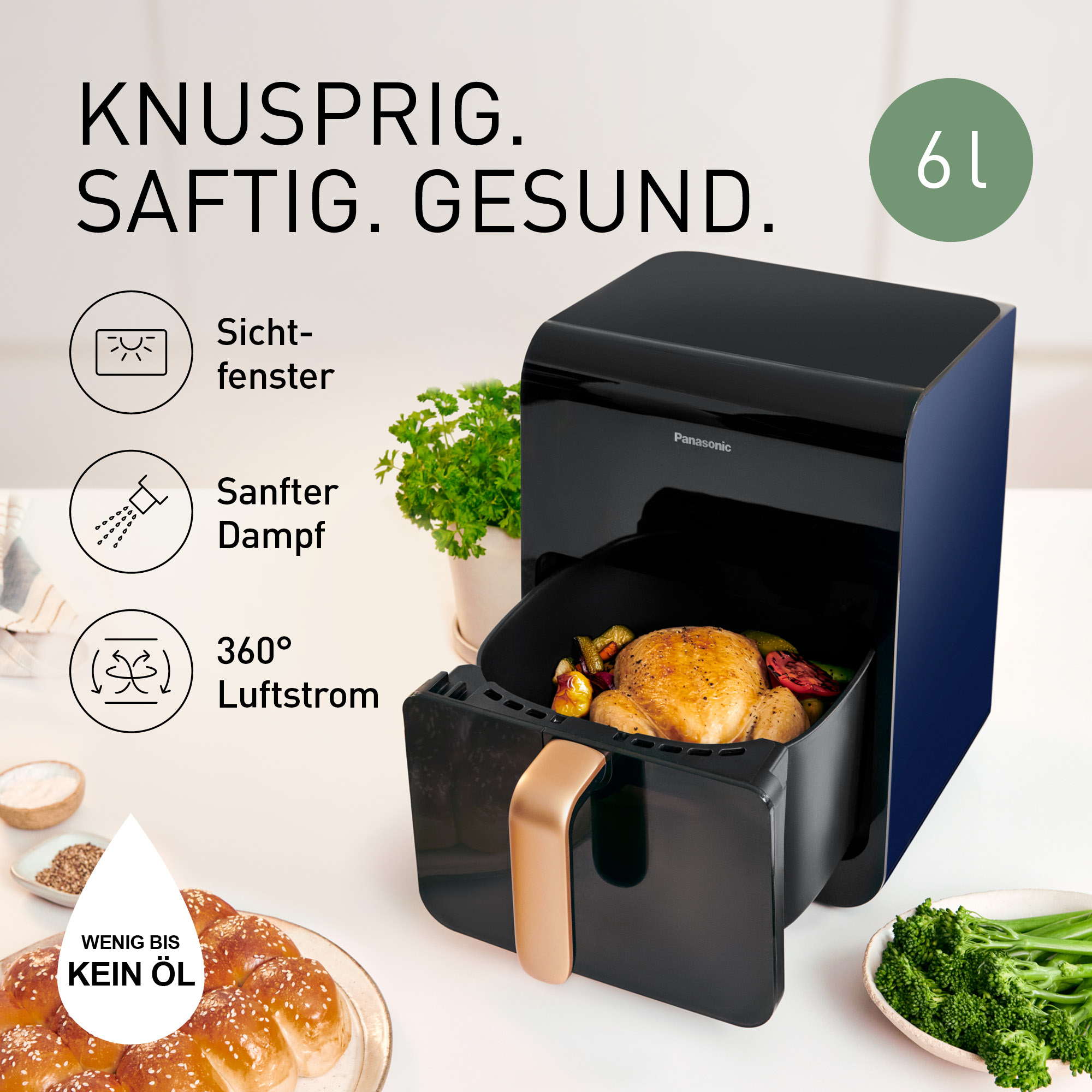 Frytkownica beztłuszczowa Panasonic z kurczakiem i warzywami, 6L.