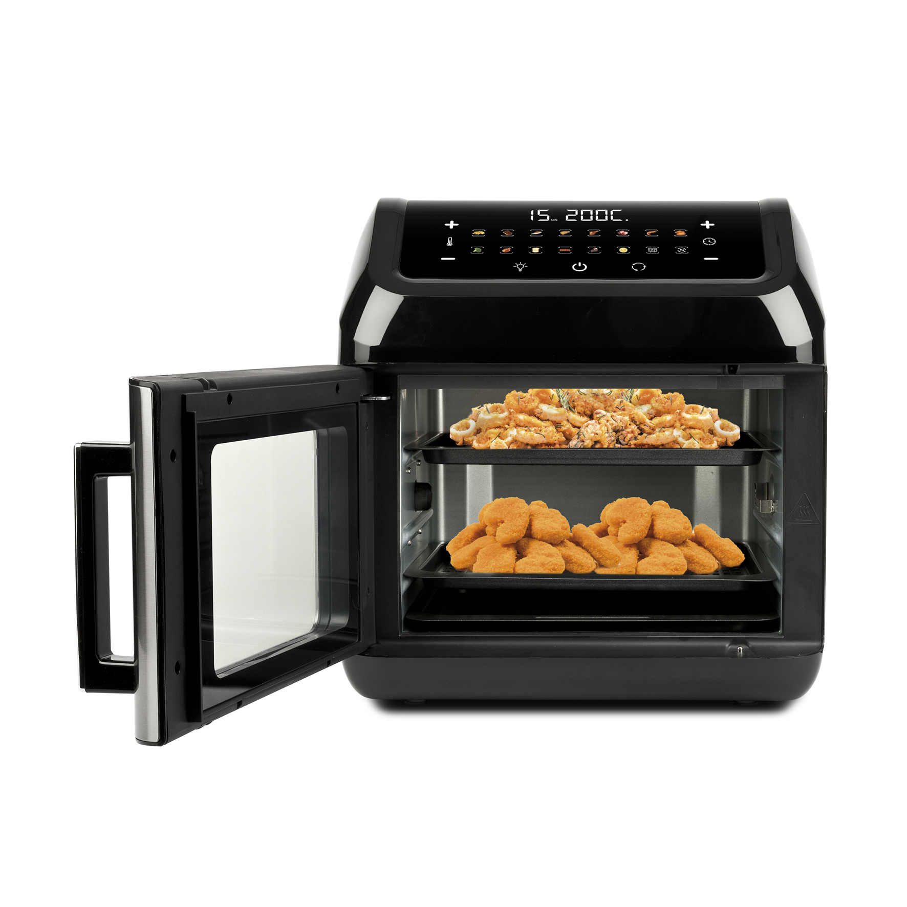 Ein schwarzer Heißluftfrittierer mit offener Tür, gefüllt mit Nuggets und Meeresfrüchten.