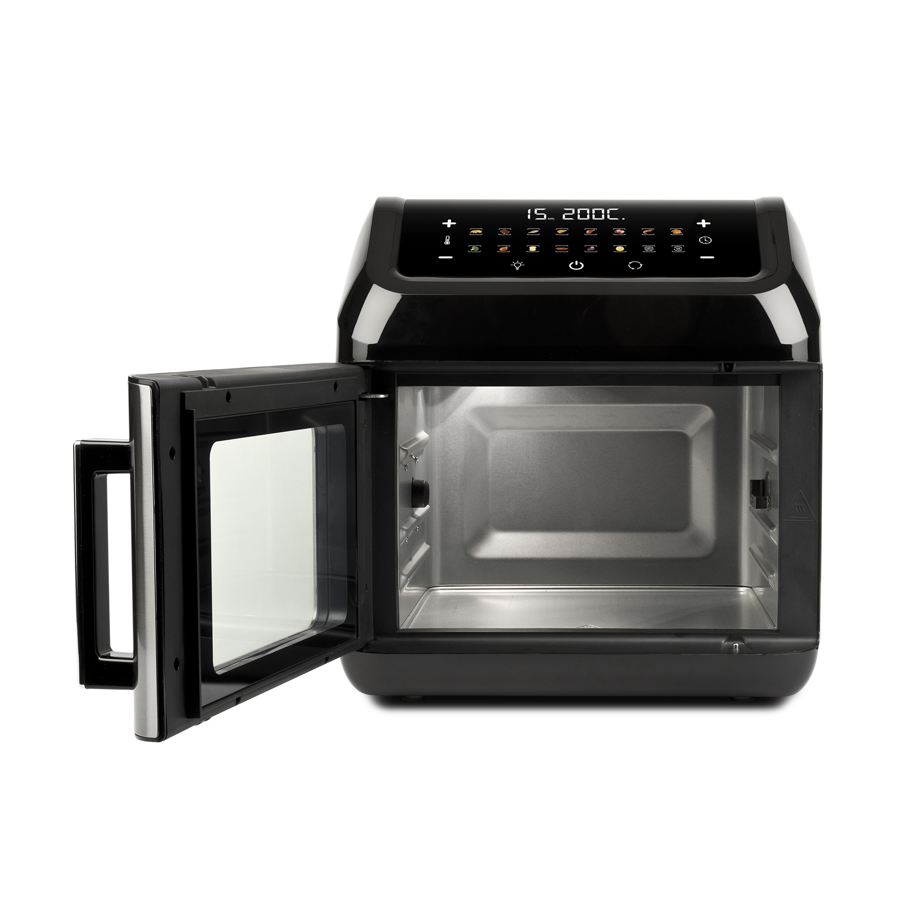 Schwarzer Tischbackofen mit geöffneter Glastür, digitaler Anzeige.