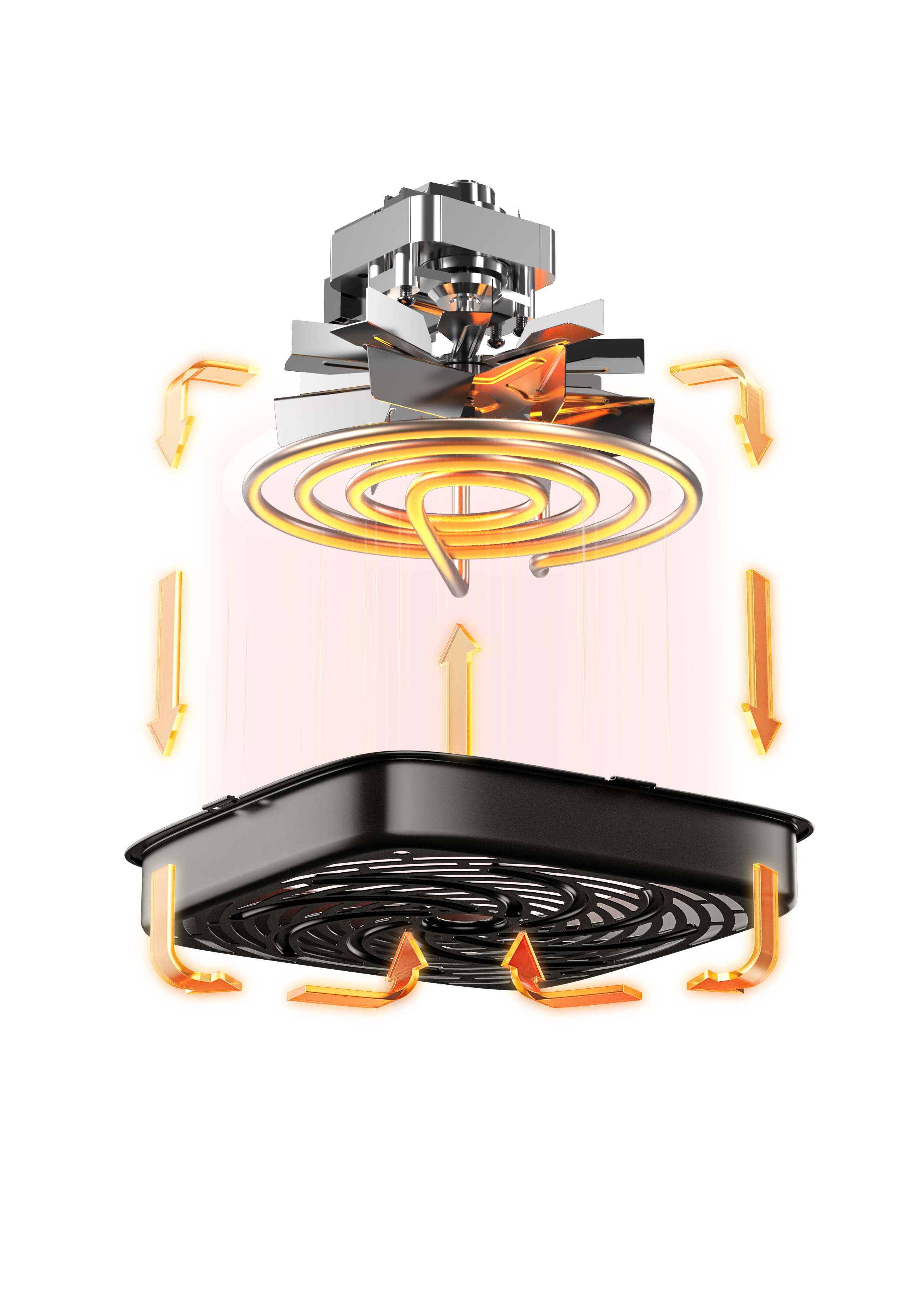 Schemat przepływu powietrza: wentylator, spirala grzewcza i czarny kosz ze strzałkami.