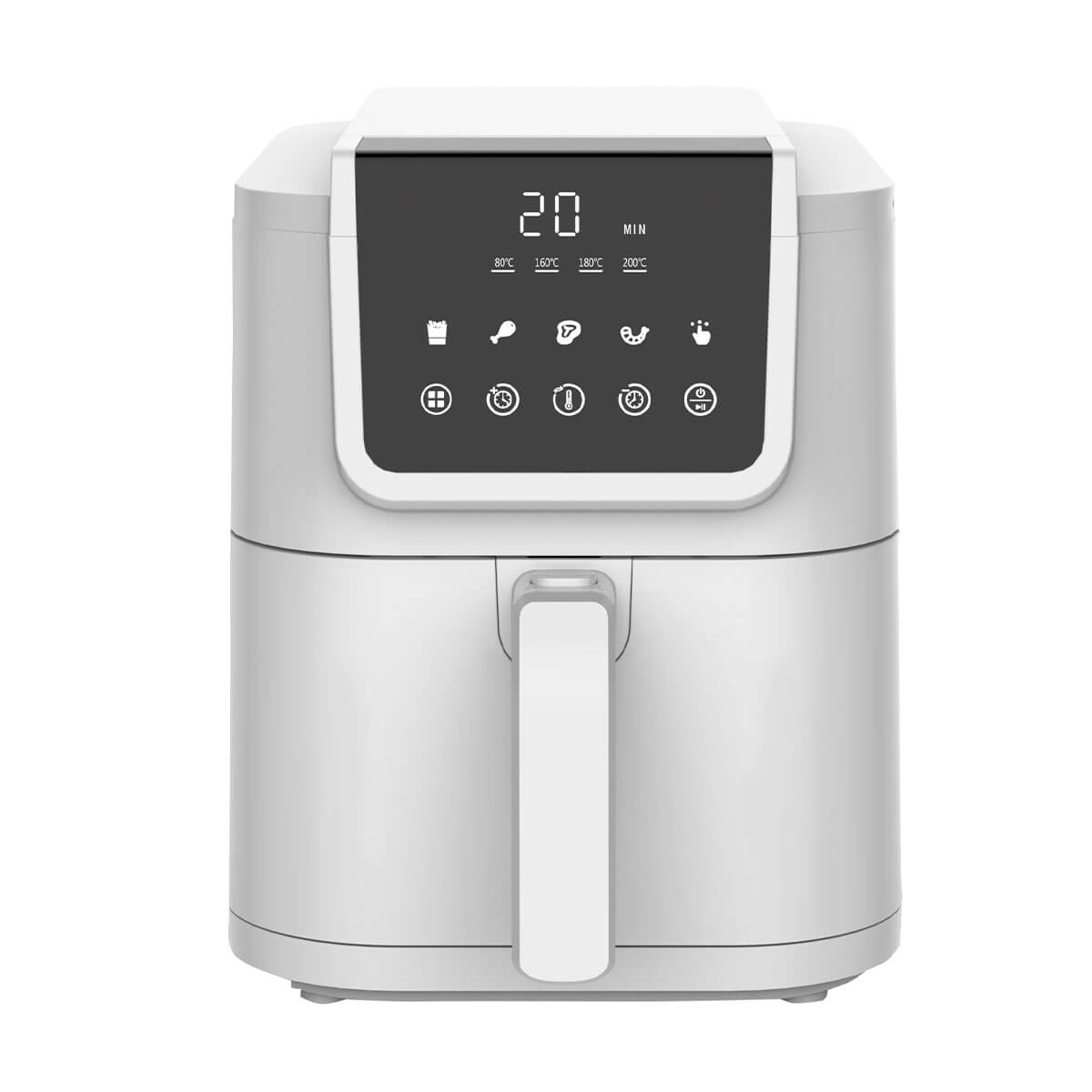 Biały cyfrowy airfryer z ekranem dotykowym pokazującym 20 min.