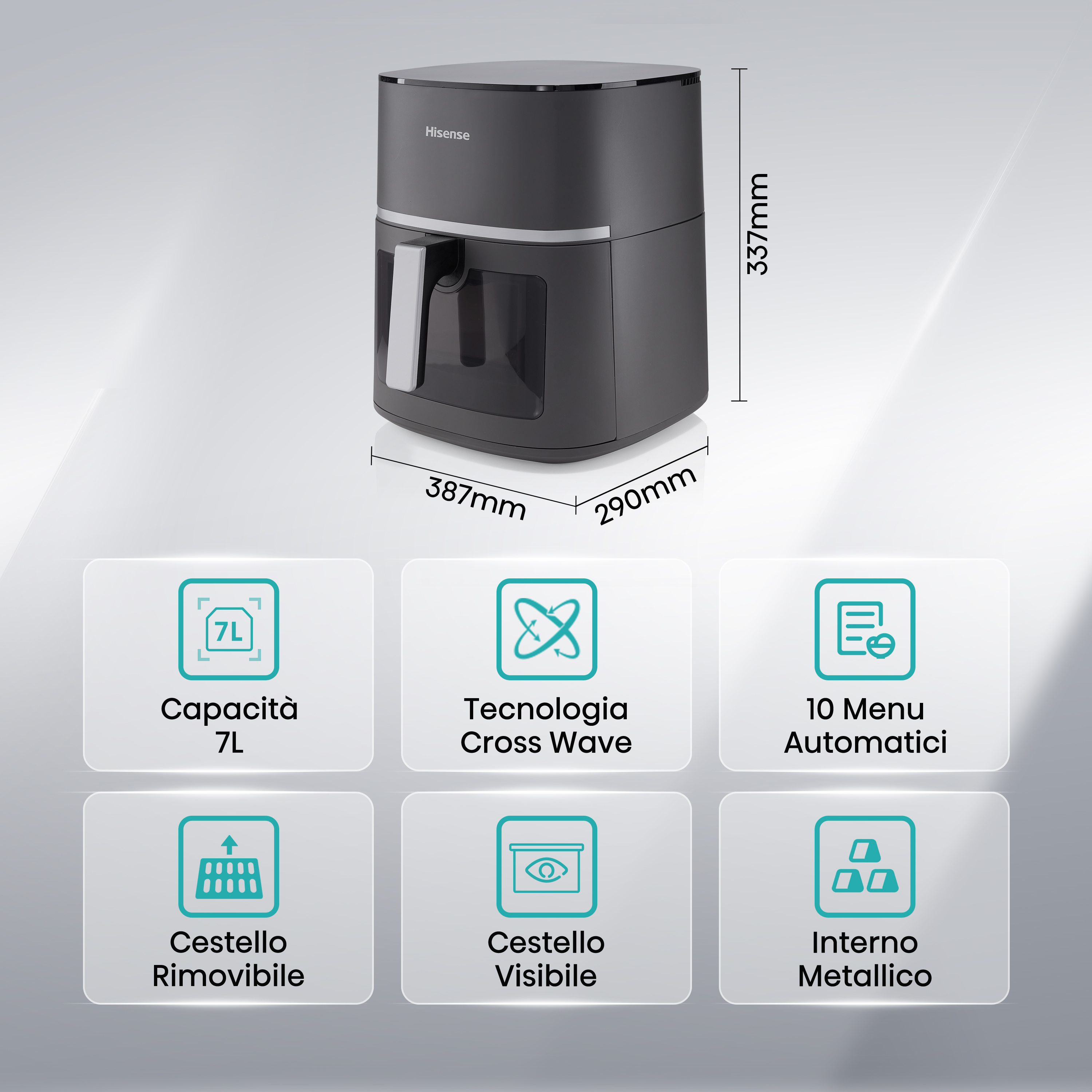 Ciemnoszara frytownica beztłuszczowa Hisense z wymiarami i funkcjami.