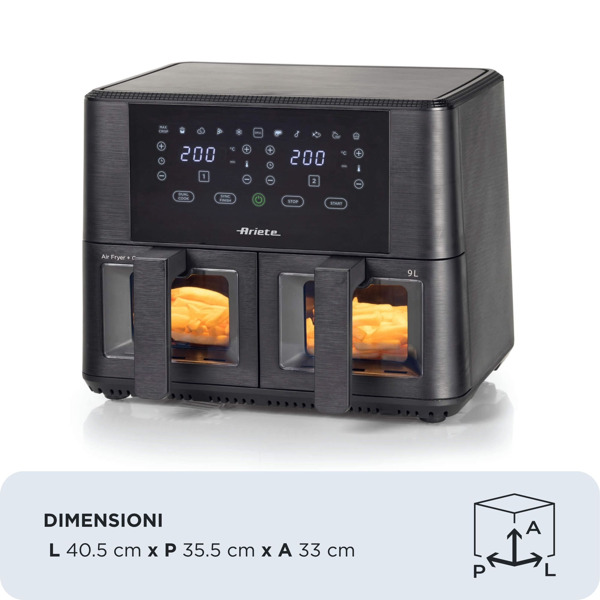 Czarna podwójna frytkownica Ariete z dwoma koszami wypełnionymi frytkami.