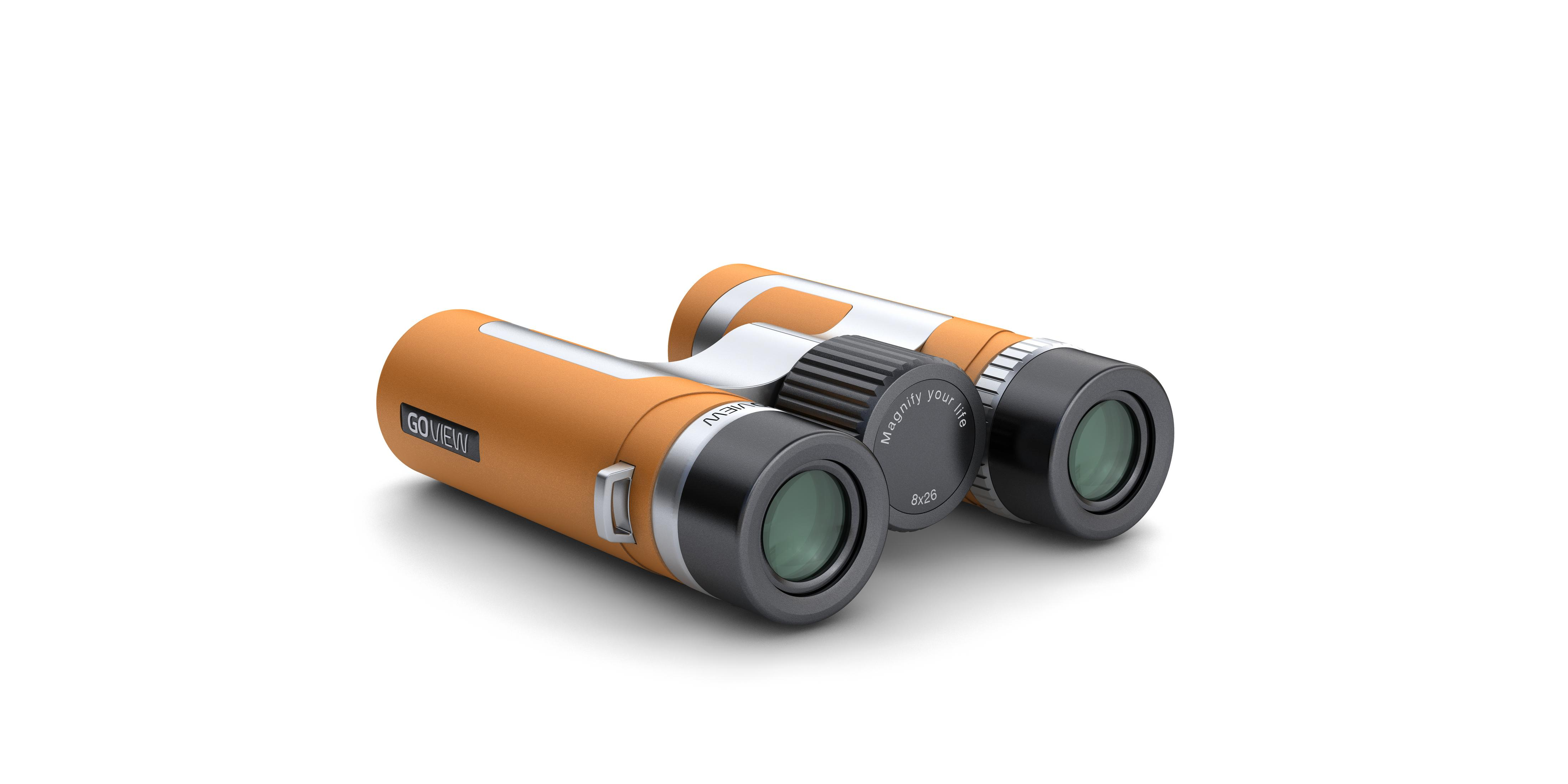 Binocolo arancione con accenti argentati e lenti nere.