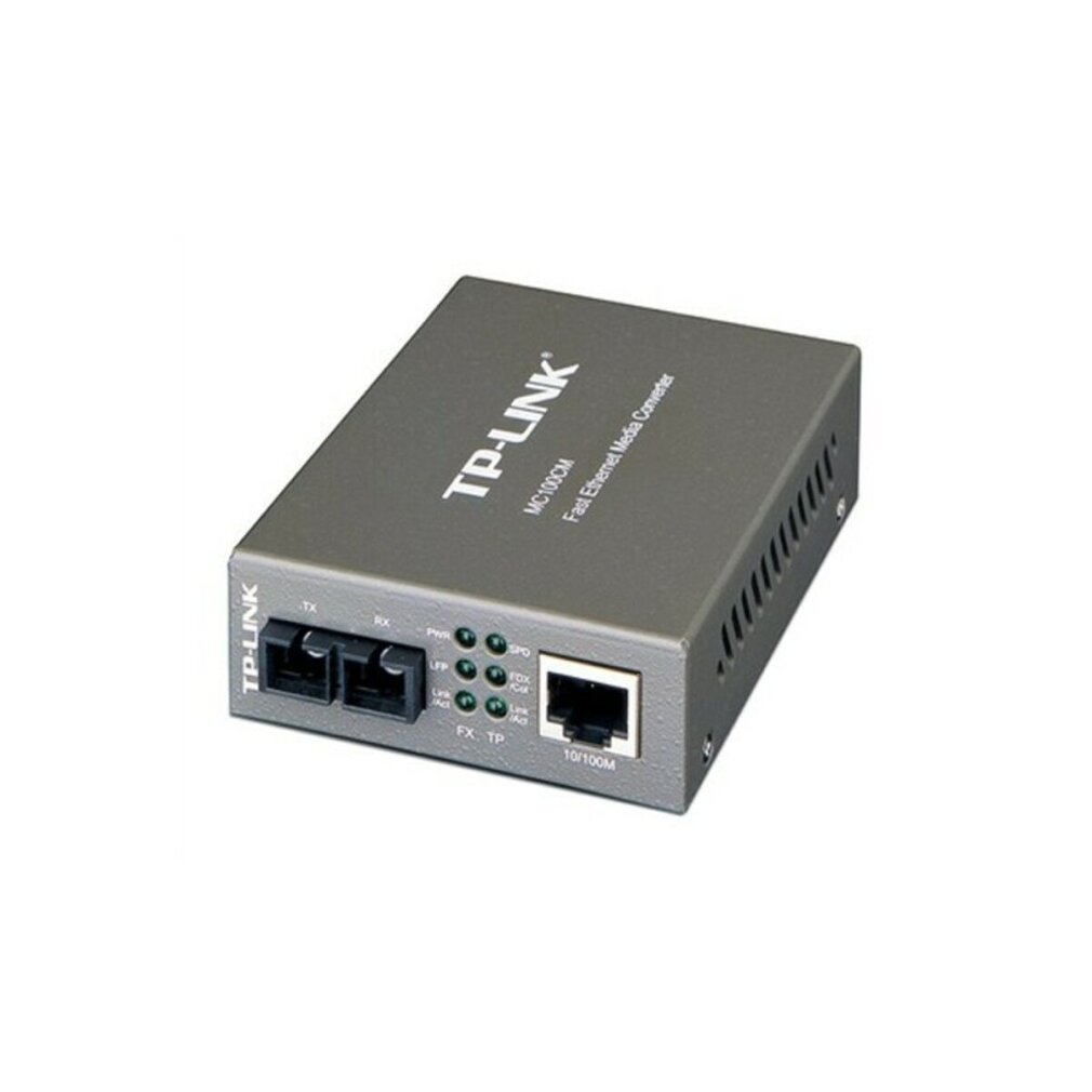 TP-Link MC100CM Fast Ethernet Medienkonverter mit Anschlüssen und LEDs.