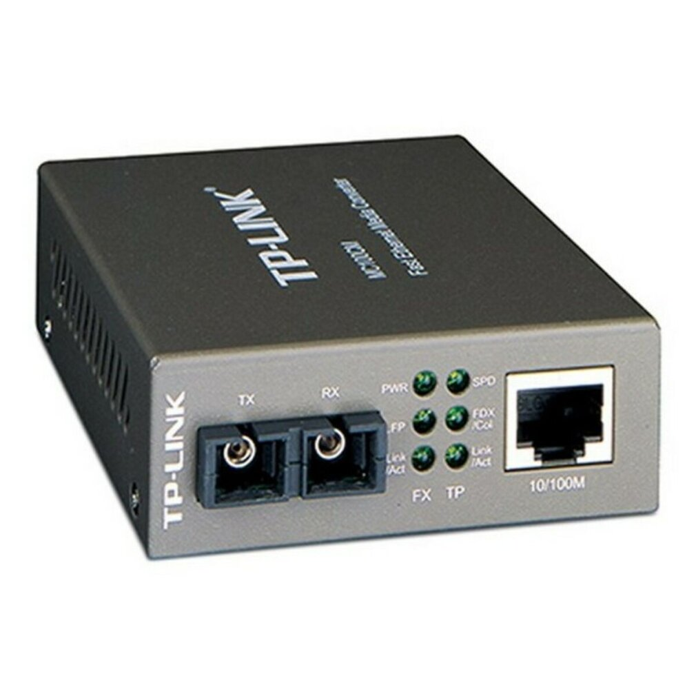 TP-Link Medienkonverter mit zwei Glasfaseranschlüssen, LED-Anzeigen und einem RJ45-Anschluss.