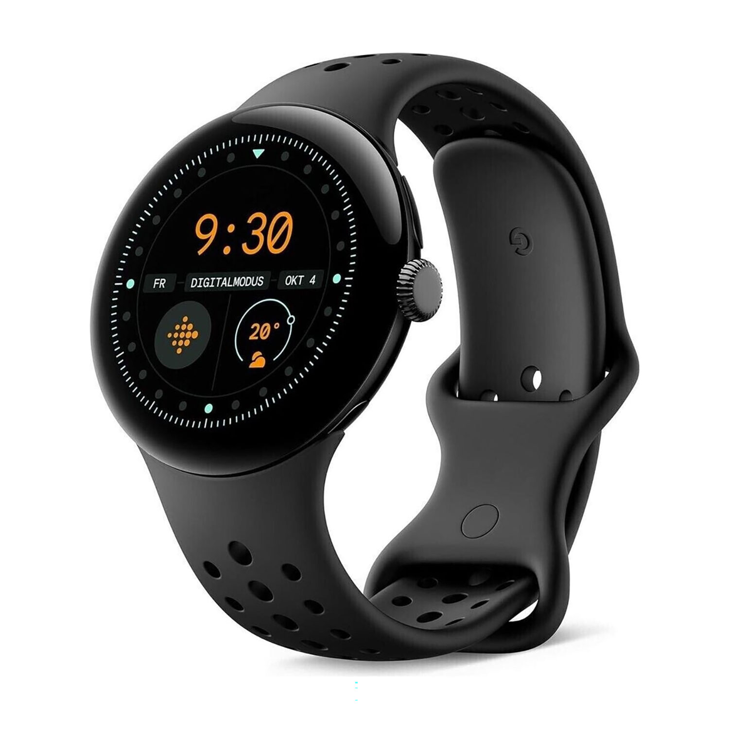 Czarny smartwatch z okrągłą czarną tarczą wyświetla 9:30, datę i temperaturę.