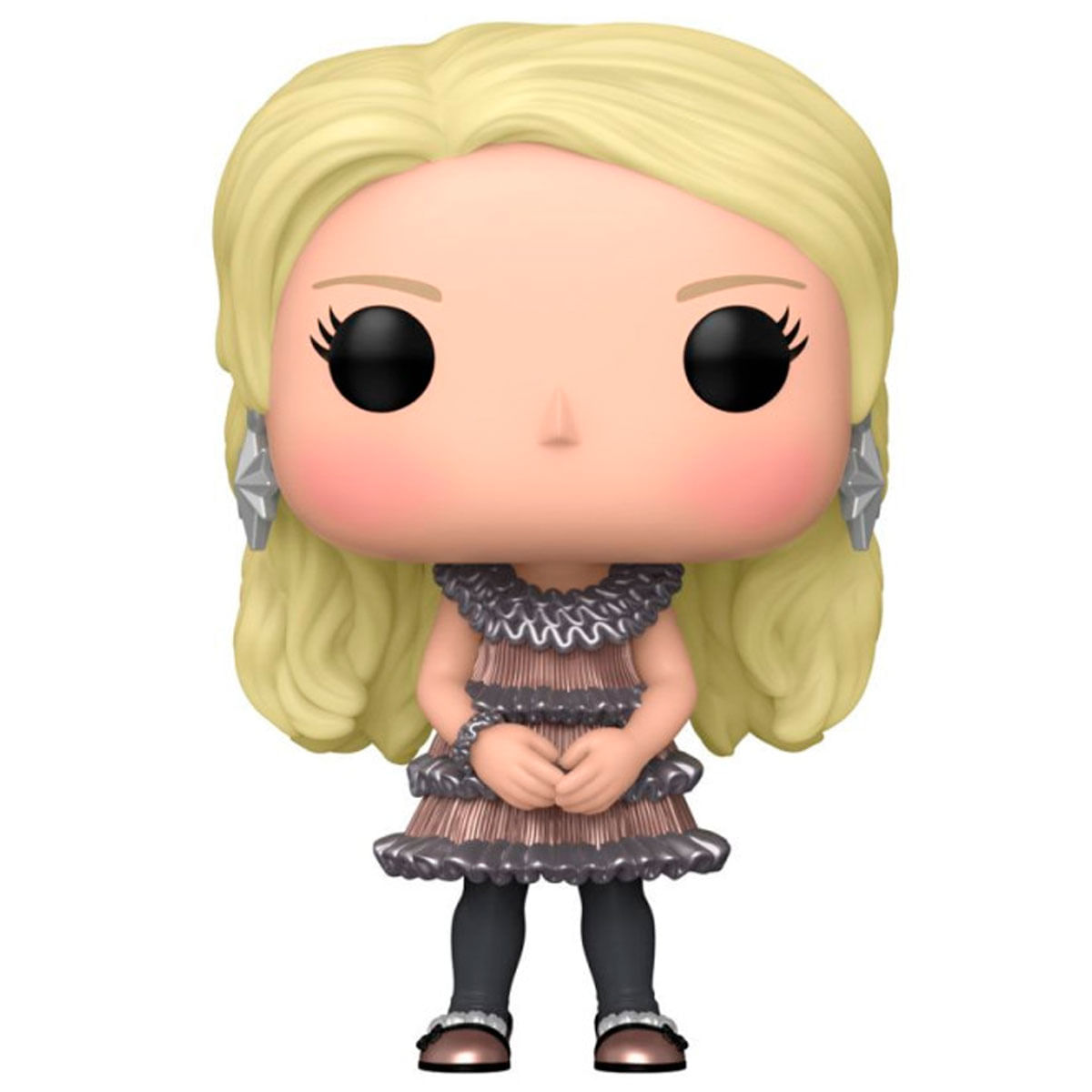 Funko Pop-Figur einer blonden Frau im Rüschenkleid mit großen Ohrringen.