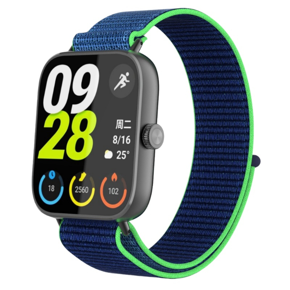 Graue Smartwatch mit blauem Band, grüner Kante. Zeigt 09:28 Uhr, 25°C.