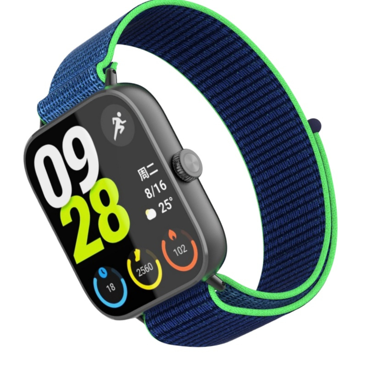 Eine Smartwatch mit blauem Band und grünem Rand zeigt 09:28 und Gesundheitsdaten an.
