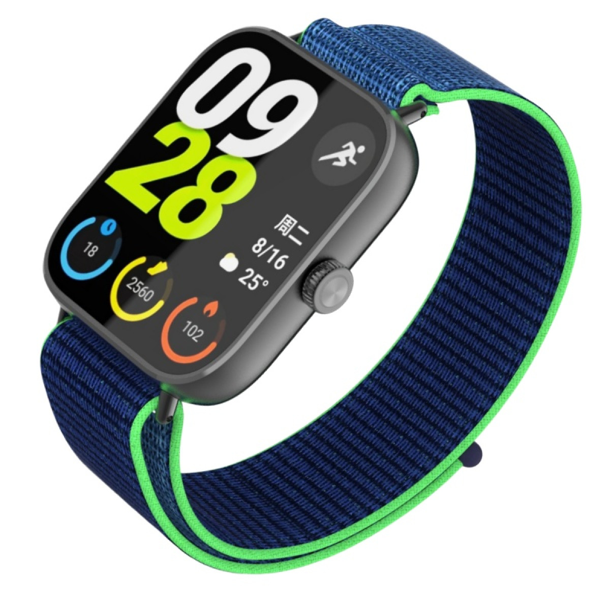 Eine smarte Uhr mit blauem Band und grüner Kante zeigt Zeit, Datum und Fitnessdaten an.