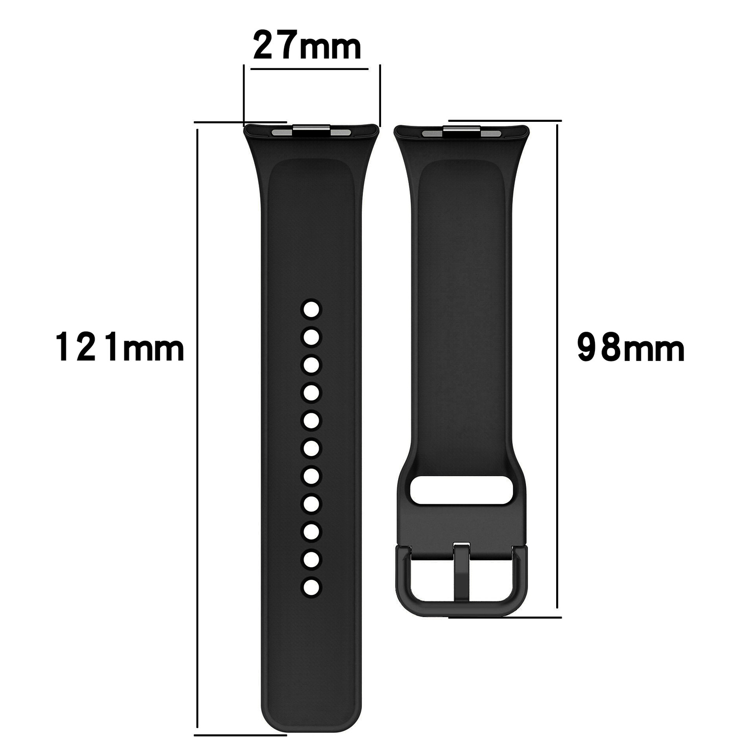 Dwa czarne paski do zegarka z wymiarami. Jeden ma 121mm, drugi 98mm.