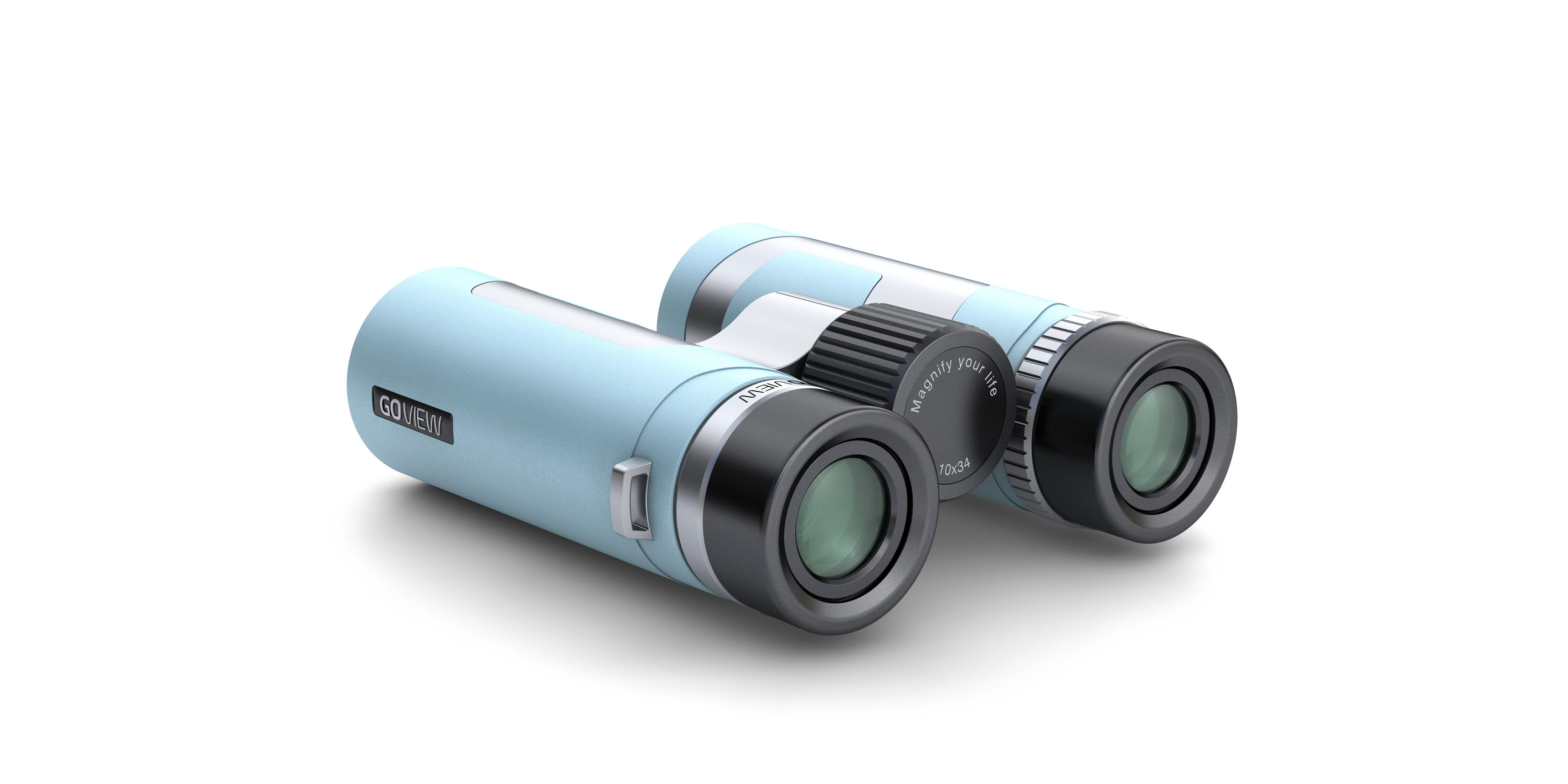 Binocolo azzurro con ghiera di messa a fuoco nera e accenti argentati.