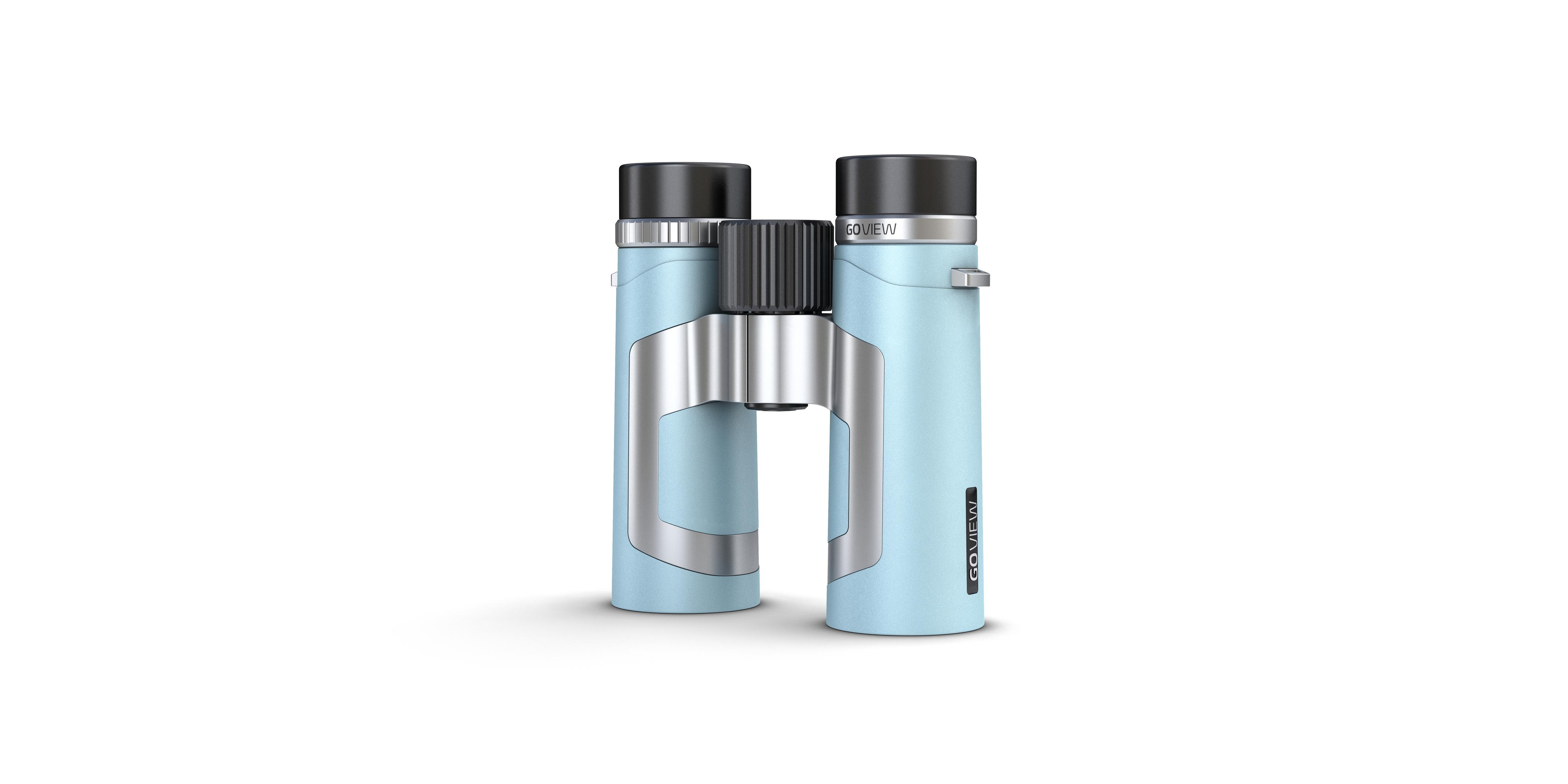 Binocolo azzurro con accenti argentati e tappi neri.