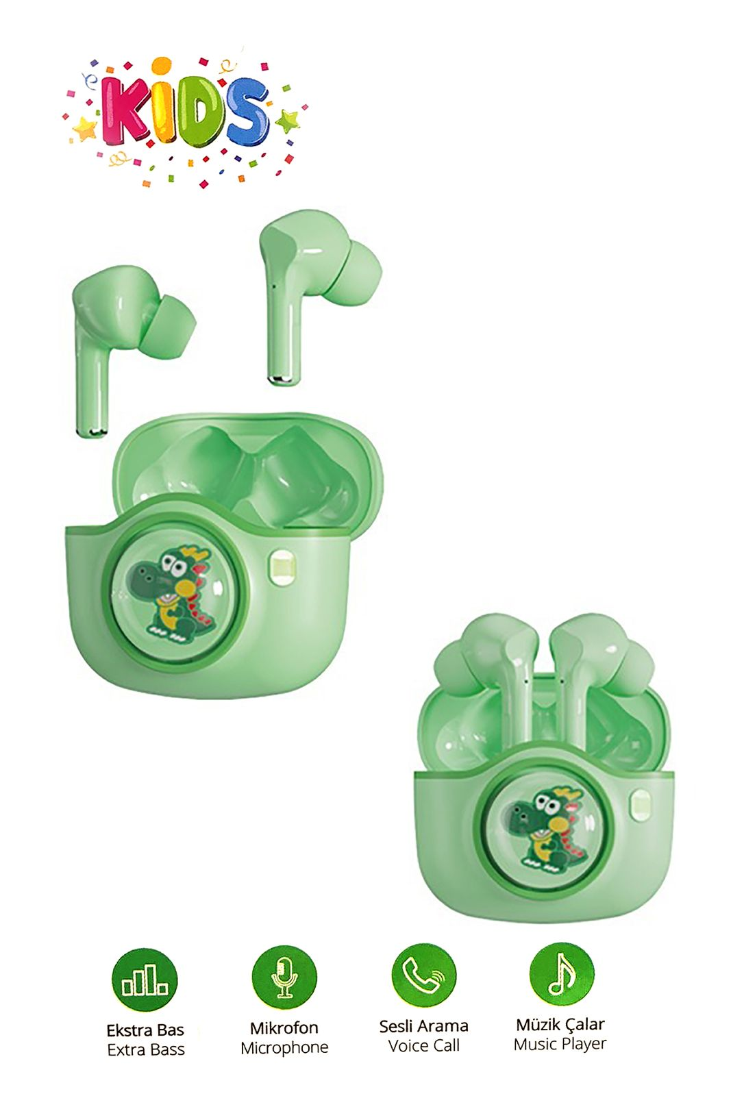 Dino motifli yeşil kulaklık "KIDS" logosu. Bas, mikrofon, arama, müzik ikonları.