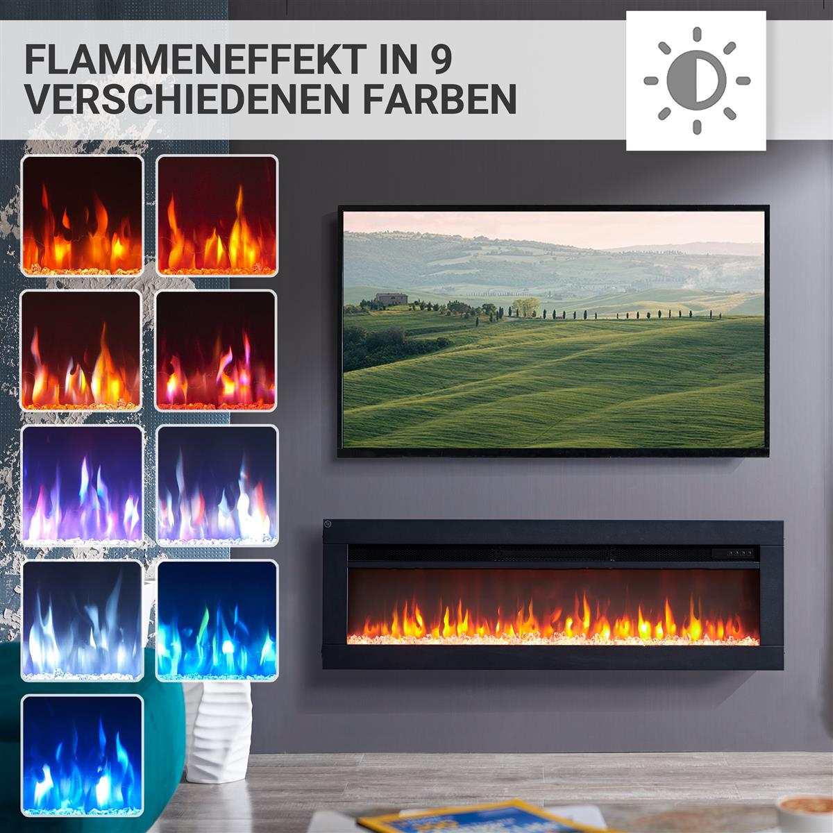 Feuerstelle mit verschiedenen Flammenfarben. Oben ein TV mit Landschaftsbild.