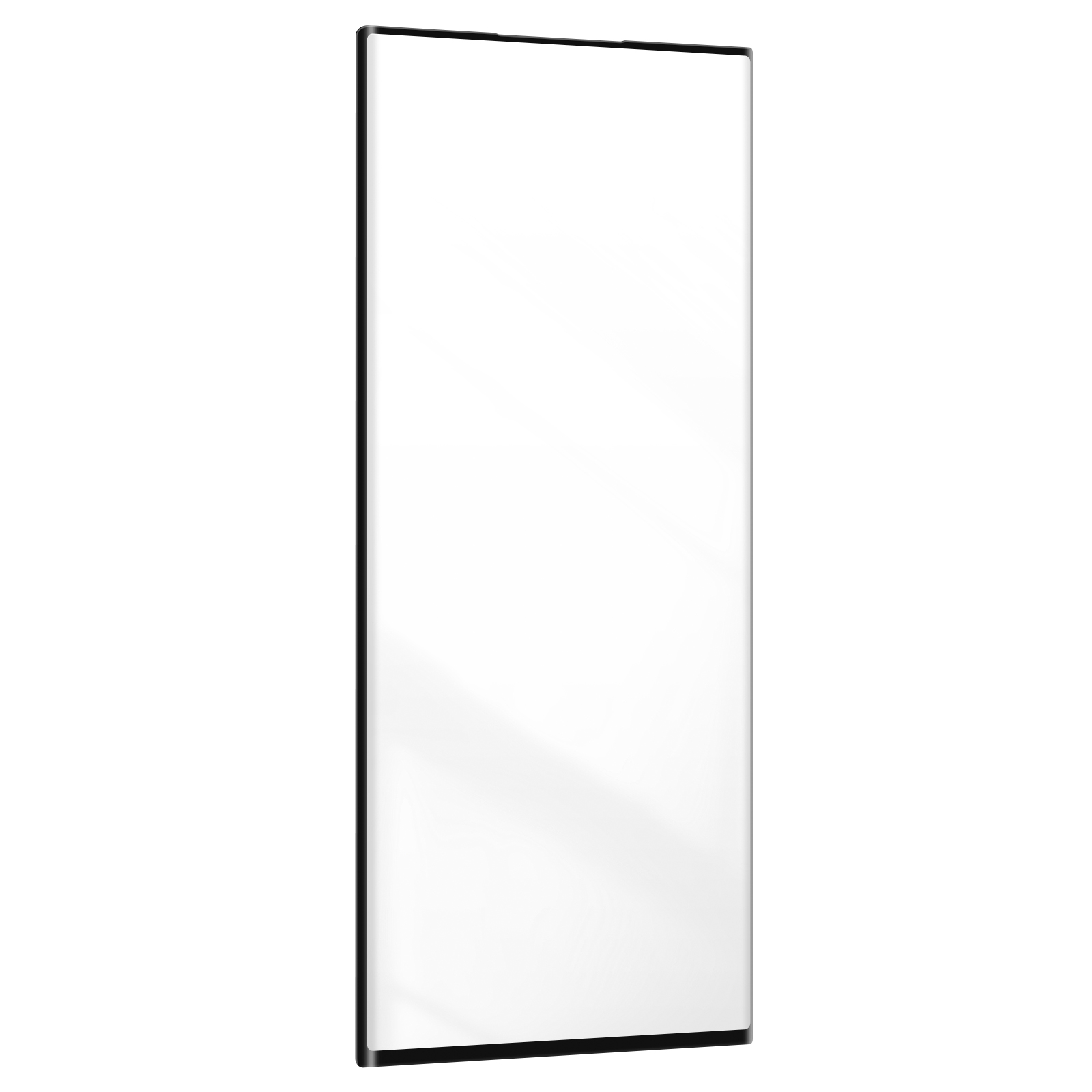 Un elegante smartphone nero con schermo bianco vuoto su sfondo bianco.