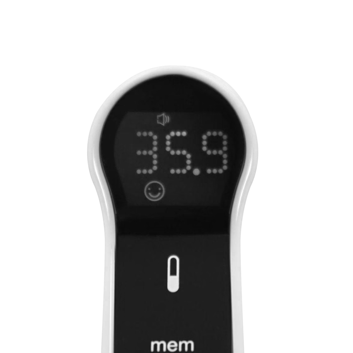 Digitales Thermometer zeigt 35,9 Grad, ein Smiley und ein Lautsprechersymbol.