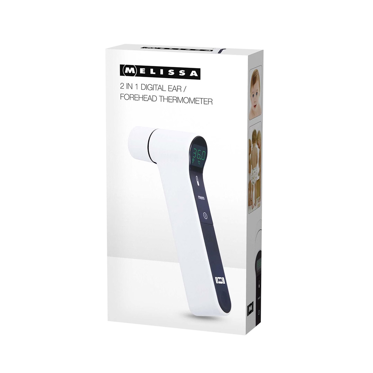 Verpackung eines weißen digitalen Ohr-/Stirnthermometers von Melissa.