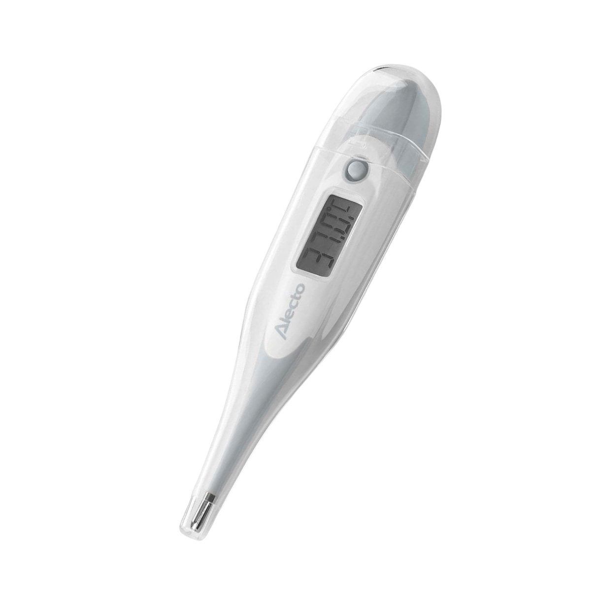 Ein weißes digitales Thermometer mit einem grauen Ring und klarem Kappenende.