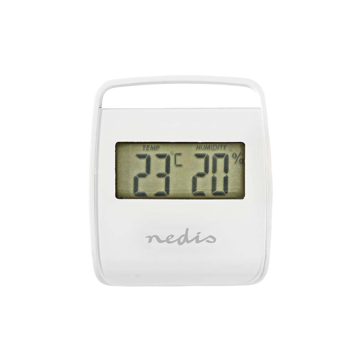 Ein weißer Digitalthermometer und Hygrometer zeigt 23°C und 20% an.