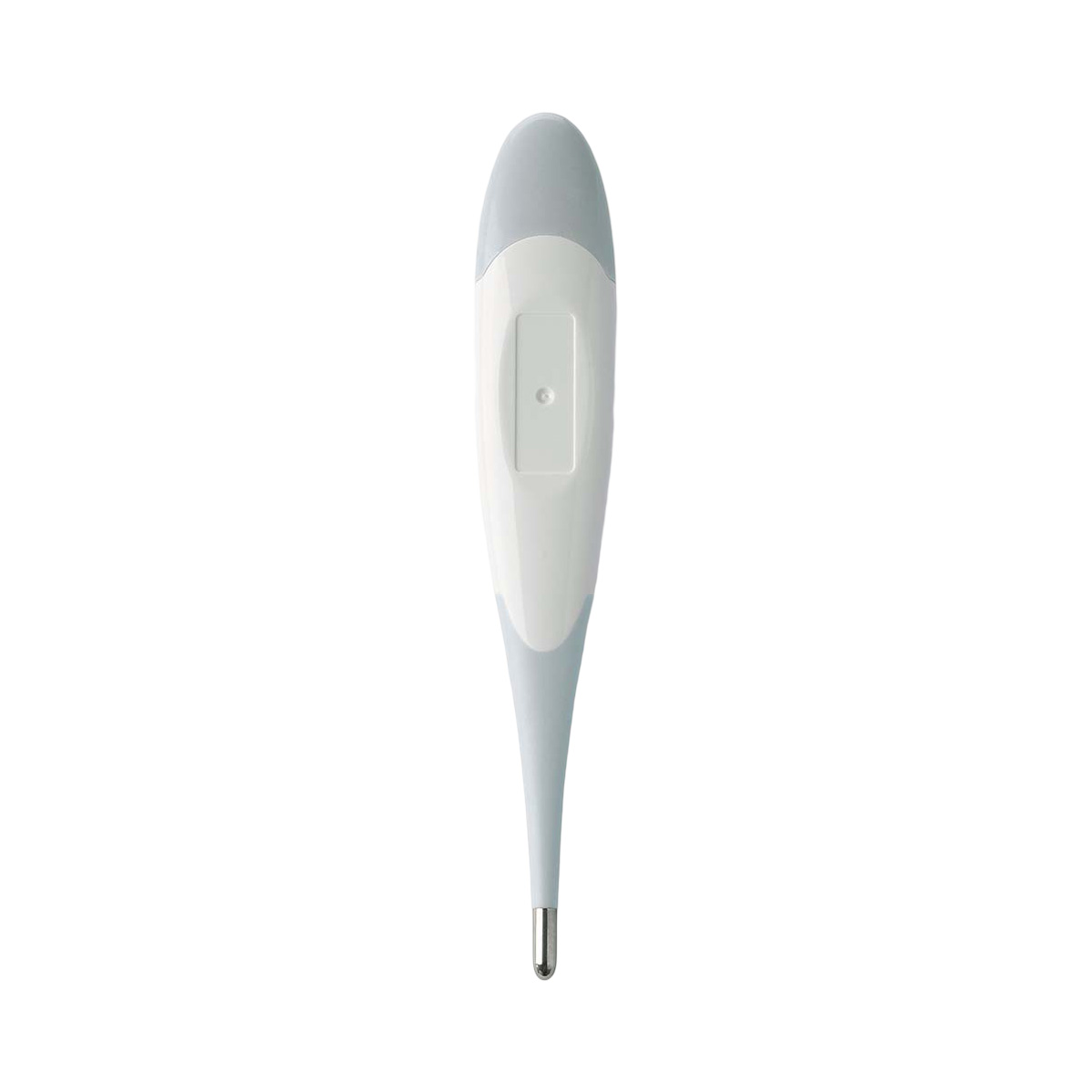 Ein digitales Thermometer in Weiß und Hellgrau mit einem kleinen Bildschirm.
